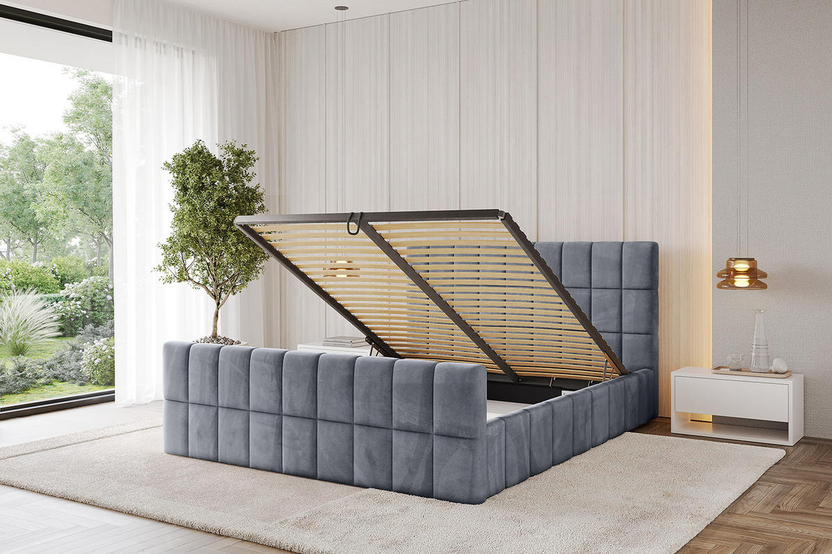 POLSTERBETT mit Bettkasten, Fußteil und Lattenrost, Boxbett mit Matratze H3/H4 - AMEA-Z 140x200 Grau - Grau, Holzwerkstoff/Textil (140/200cm) - ALTDECOR