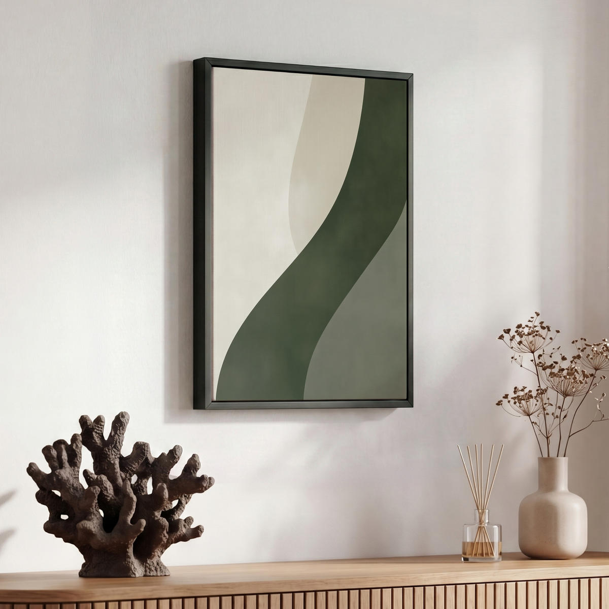 LEINWAND Bilder mit Rahmen - Japandi - Grün - Abstrakt - Modern - 30x40 - Salbeigrün, Textil (30/40cm) - MuchoWow