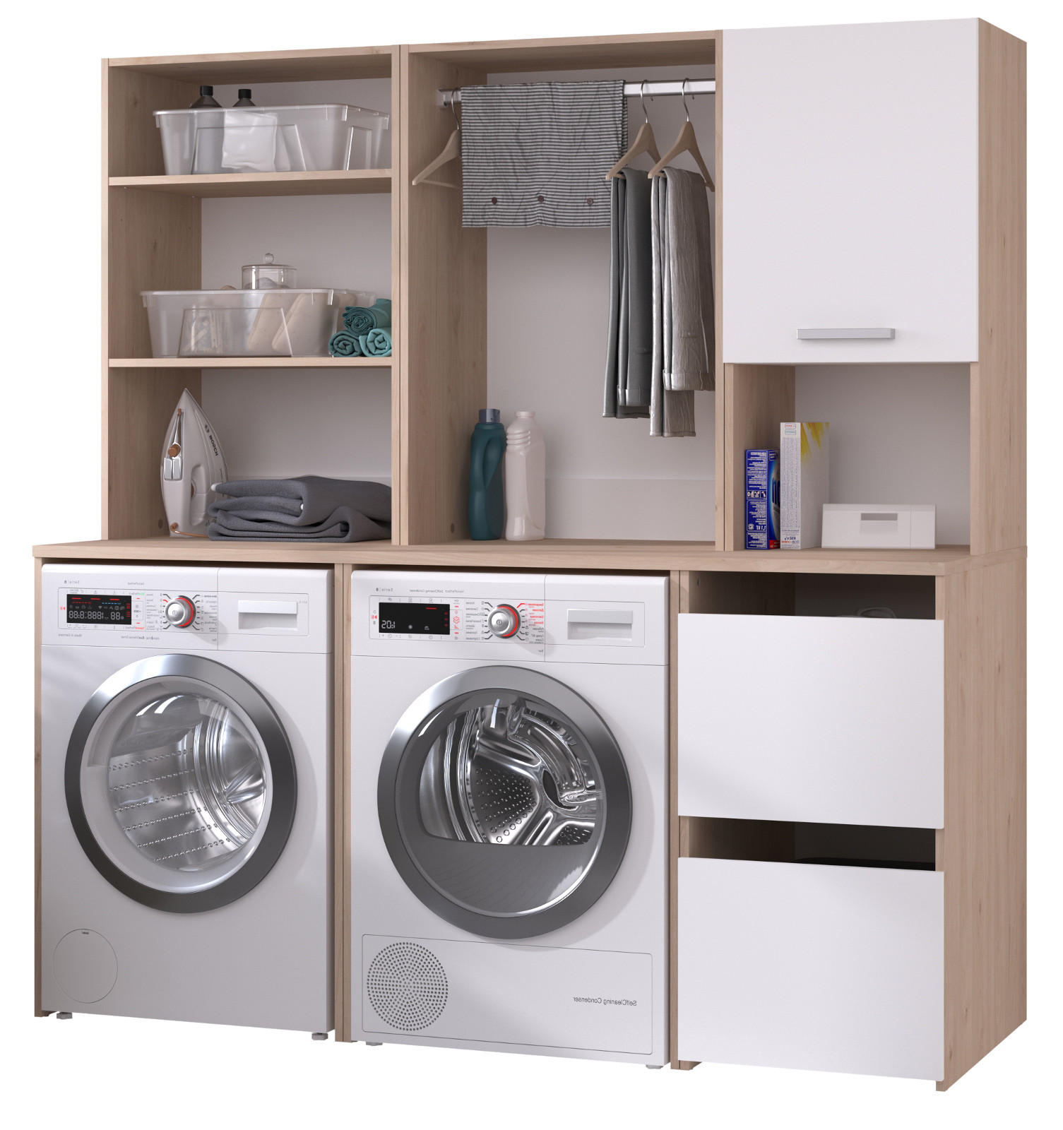 WASCHMASCHINENSCHRANK weiß, Eiche Jackson, Umbauschrank Set 3-teilig 175 cm mit viel Stauraum - Eichefarben/Silberfarben, Holzwerkstoff/Kunststoff (175/184/67cm) - Parisot Meuble