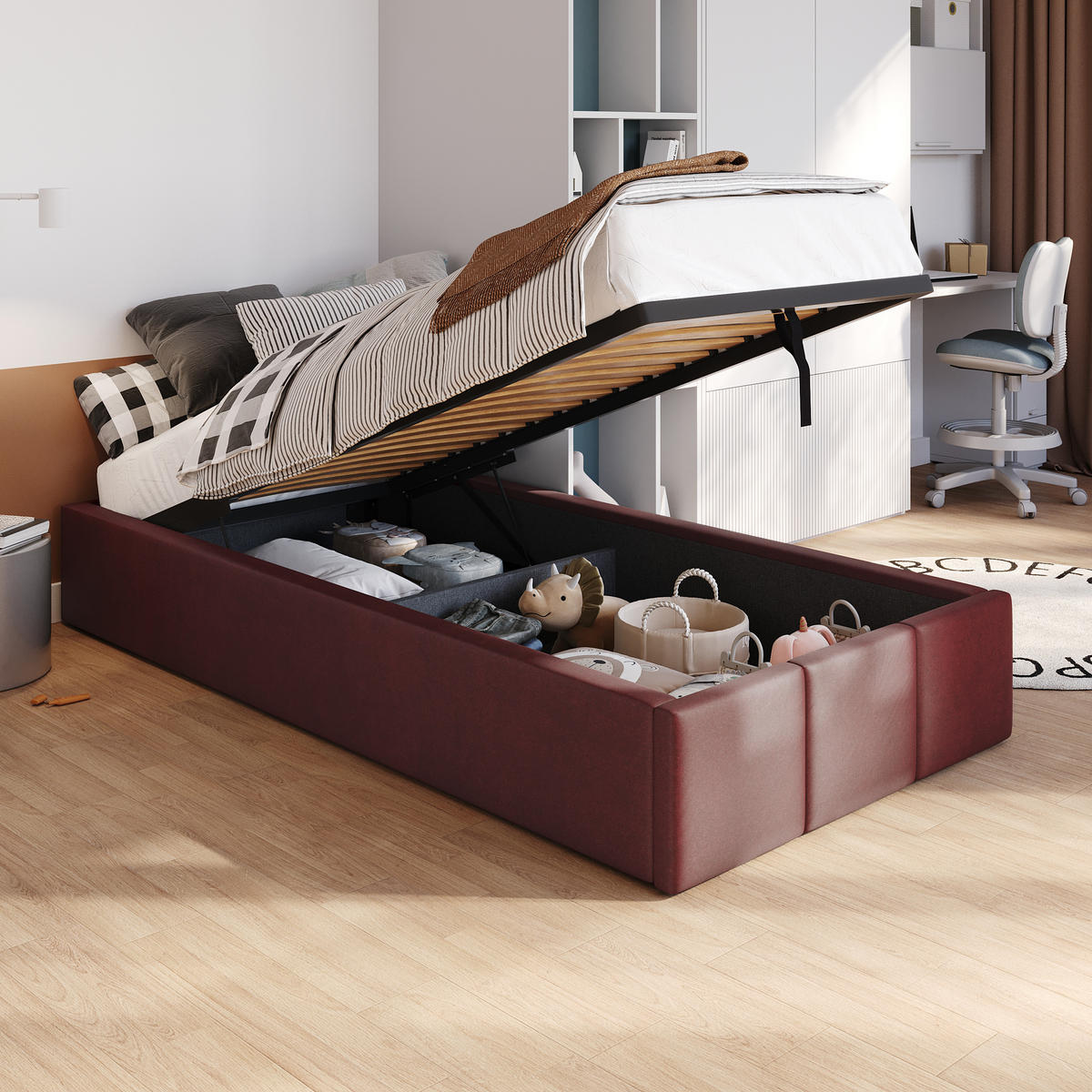 POLSTERBETT für Schlafzimmer Bett mit Stauraum Weinrot 90x200cm - Weinrot, Holzwerkstoff/Textil (90/200cm) - Muralo