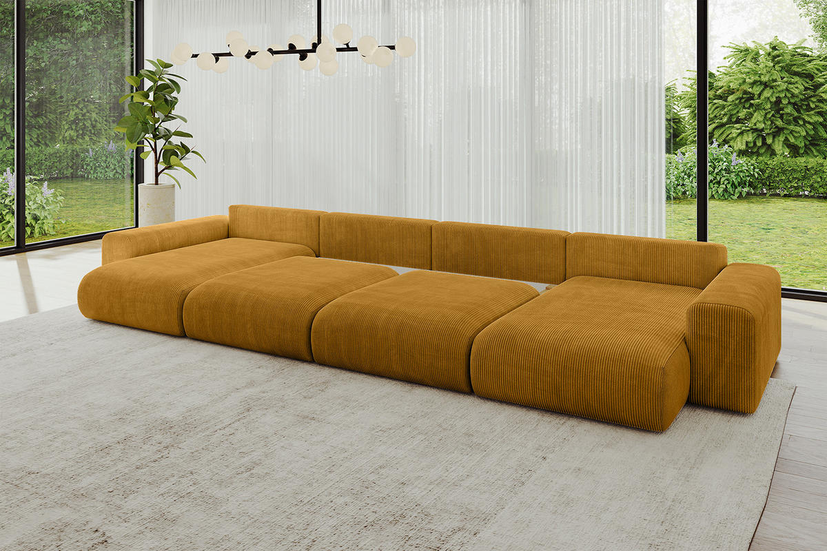WOHNLANDSCHAFT mit Schlaffunktion ESKAR-U2-464x176x72cm Senfgelb - Sandfarben, Holzwerkstoff/Kunststoff (176/72/464cm) - ALTDECOR