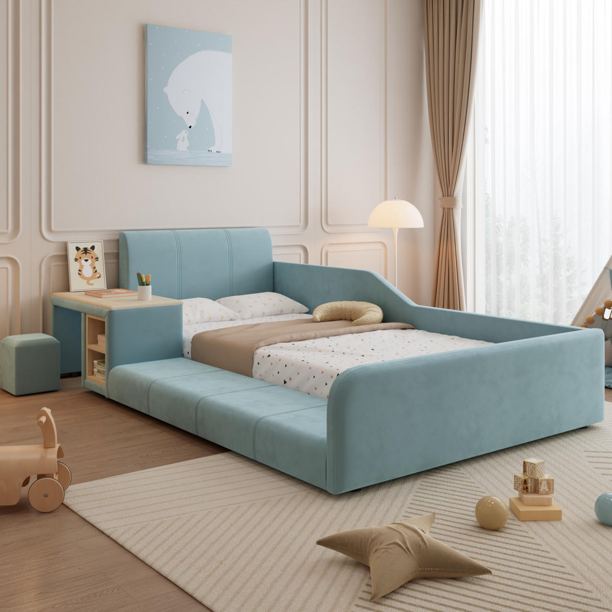 POLSTERBETT 90/200 cm aus Samt mit Schreibtisch und Hocker Blau/Naturfarben - Blau, Textil (90/200cm) - Modenvie
