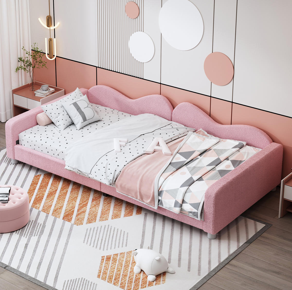 KINDERBETT 90/200 cm Rosa aus Teddystoff mit Rückenlehne und Armlehnen - Rosa, Textil (90/200cm) - Flora Grace