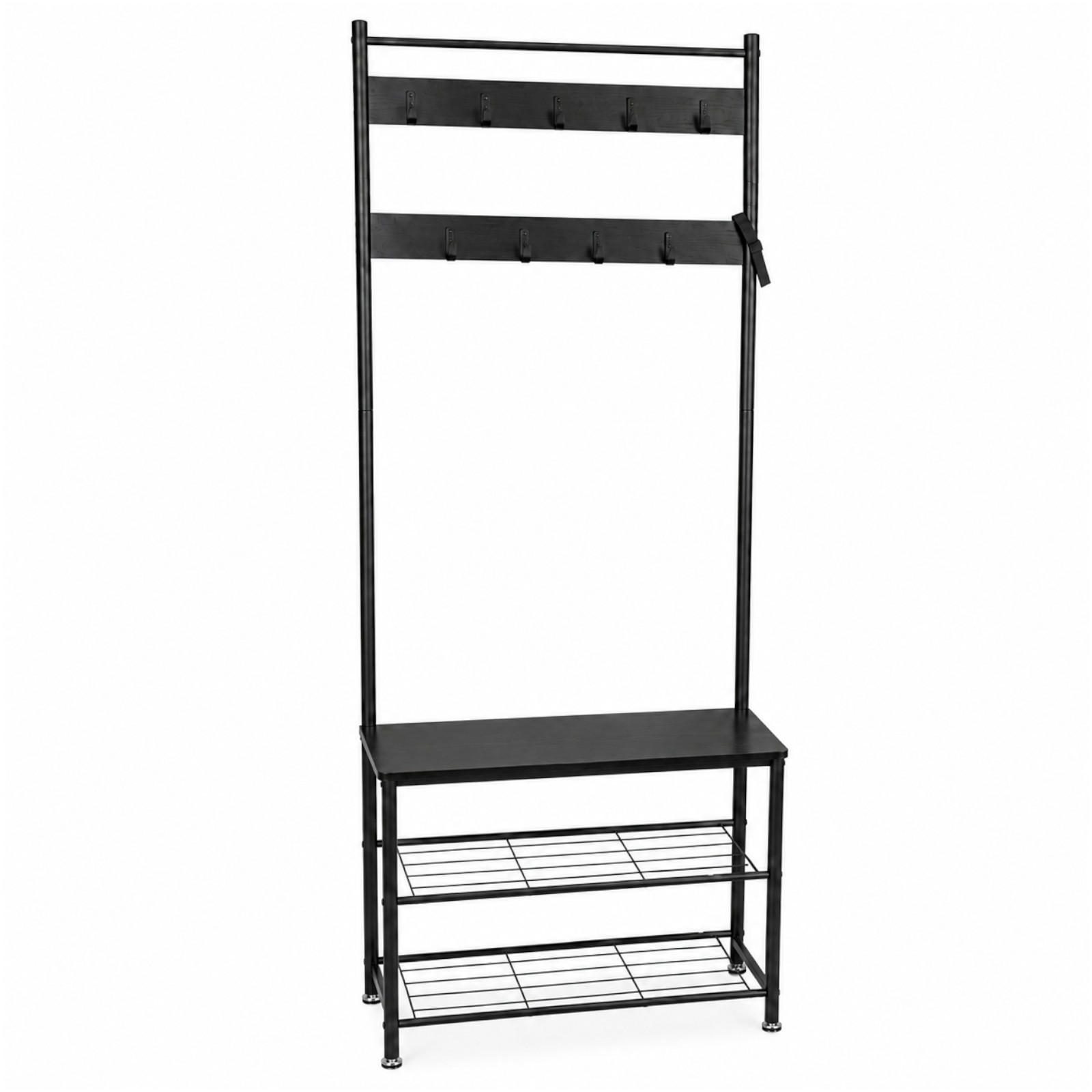 KLEIDERSTÄNDER MDF Metall Schwarz mit Sitzbank Haken und Schuhablagen 70x32x175 cm - Schwarz, Holzwerkstoff/Metall (70/175/32cm) - Begryf