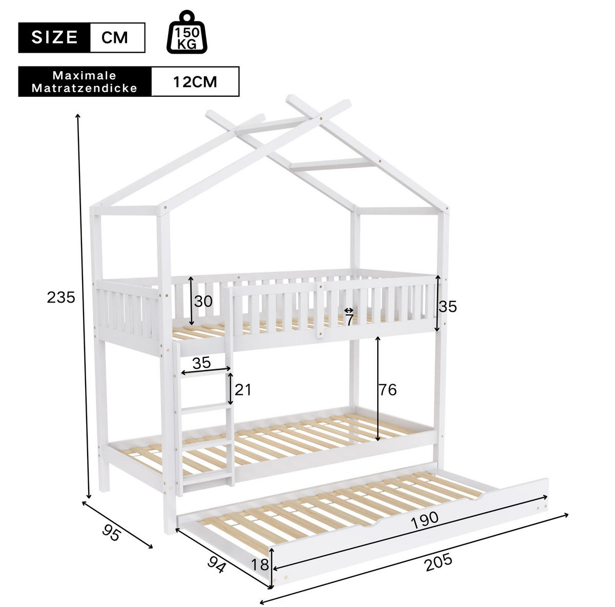 ETAGENBETT mit Ausziehbett 90x200 cm Kiefernholz Weiß, 3 Schlafplätze - Weiß, Holzwerkstoff (90/200cm) - Beauniv