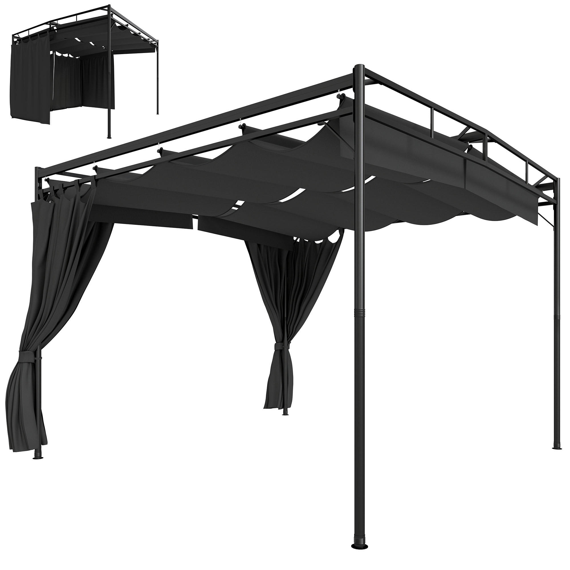 PERGOLA Pavillon 3x3m Wasserabweisend Sonnenschutz mit verstellbares Schiebedach Vorhängen, freistehend - Dunkelgrau, Textil (300/220/300cm)