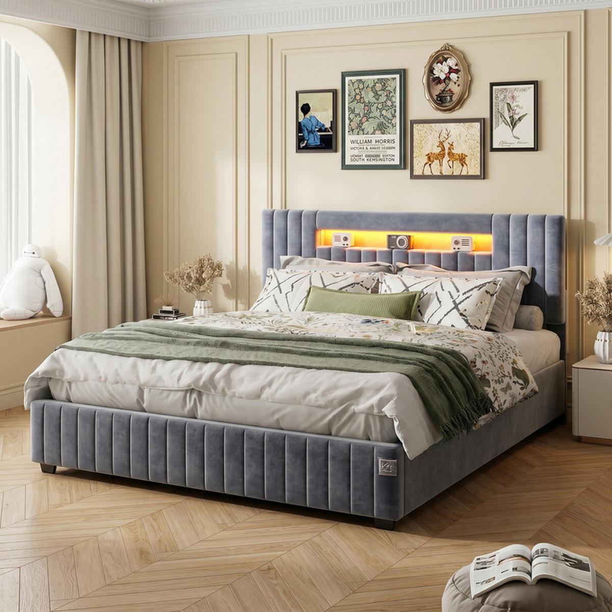 POLSTERBETT 140/200 cm grau mit Samt, RGB LED und Stauraum - Grau, Holz