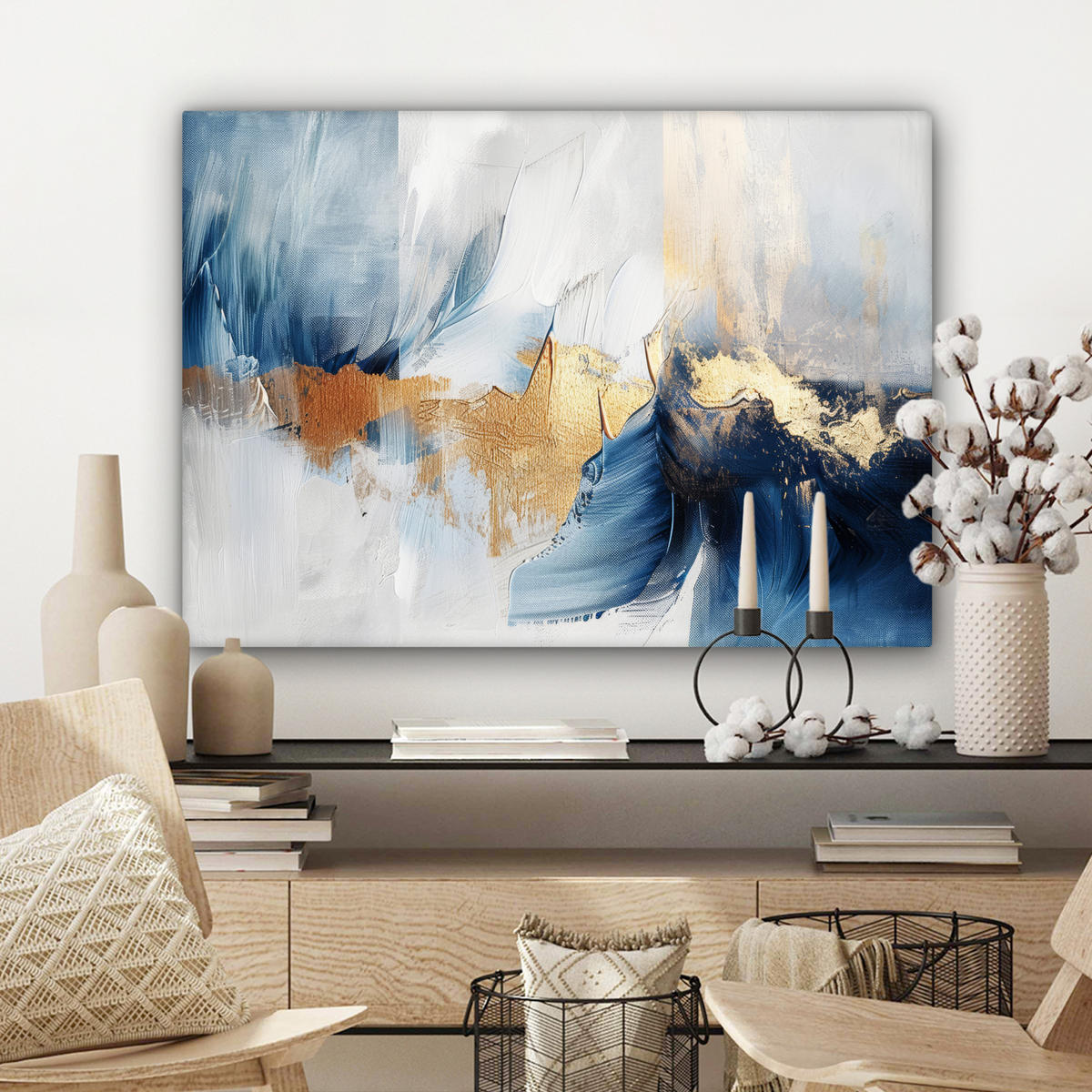 LEINWANDBILD Gold - Blau - Aquarell - Kunst - Modern Wandbilder 80x60 cm - Hellblau, Textil (80/60cm) - MuchoWow