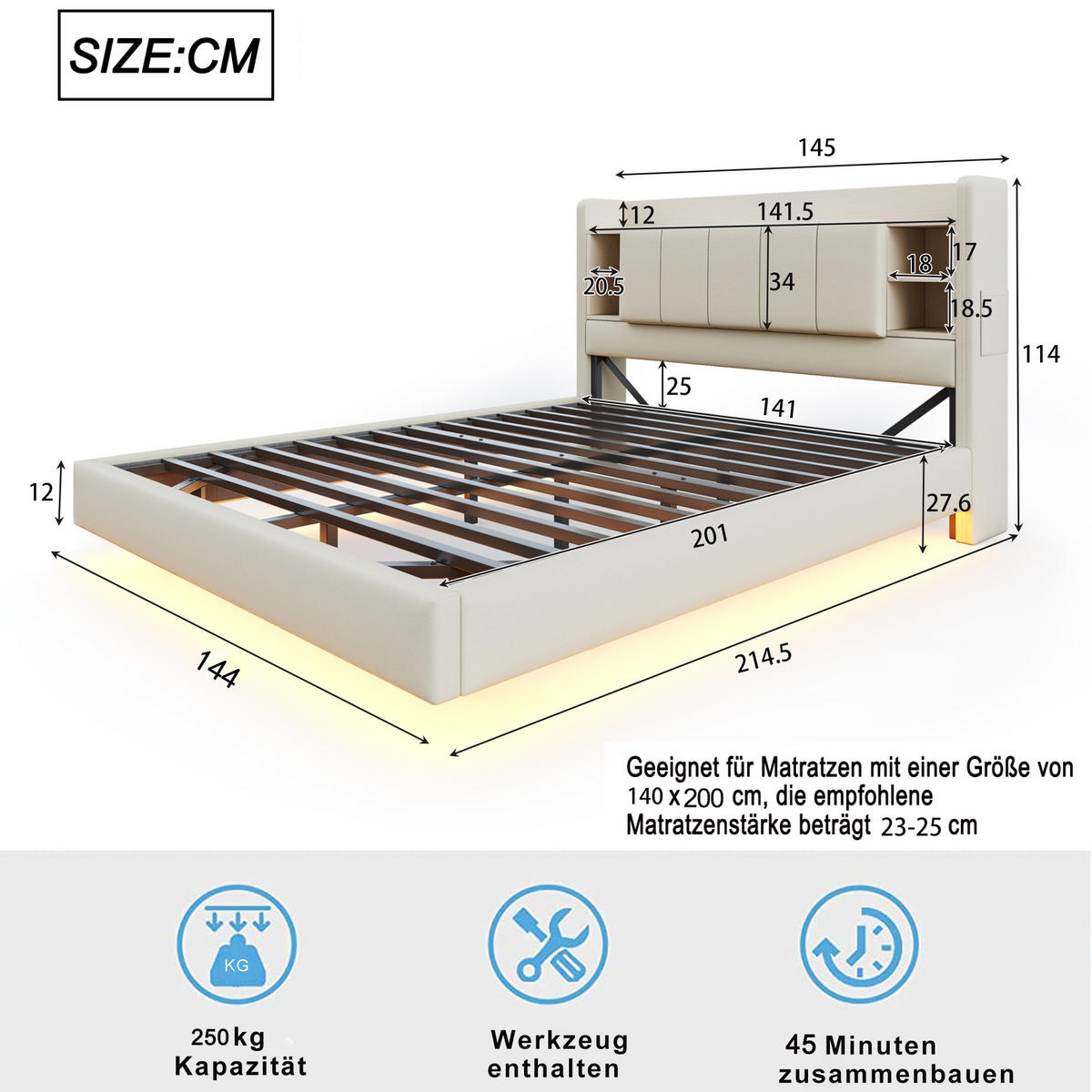 POLSTERBETT 140/200 cm Beige mit USB-Anschluss und LED-Beleuchtung, Wendbares Kopfteil mit Ablagefächern - Beige, Textil (140/200cm) - OKWISH