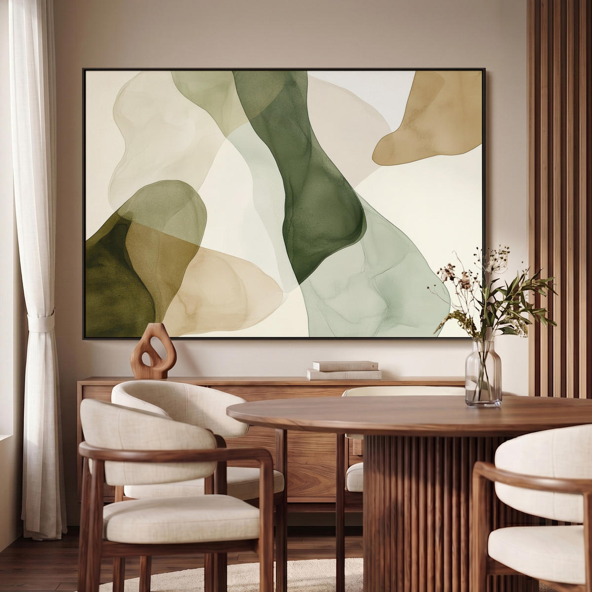 LEINWAND Bilder mit Rahmen - Japandi - Abstrakt - Grün - 140x90 - Salbeigrün, Textil (140/90cm) - MuchoWow