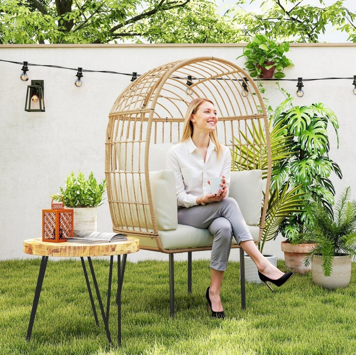 GARTENSTUHL aus Rattan 95x80x155 cm in Beige mit abnehmbaren Kissen - Beige, Metall (95/155/80cm) - Modfu