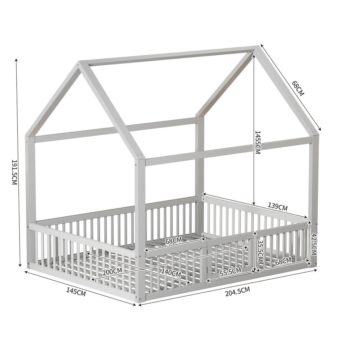 KINDERBETT 140/200 cm im Hausdesign mit Sicherheitsgitter und Tür, Weiß - Weiß, Holzwerkstoff (140/200cm) - Redom