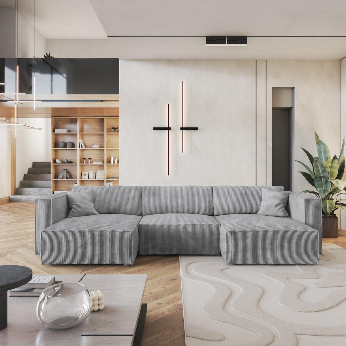 ROHOVÁ SEDAČKA SARMO světle šedá - šedá/světle šedá, dřevo/textil (347/148cm) - MASSENO