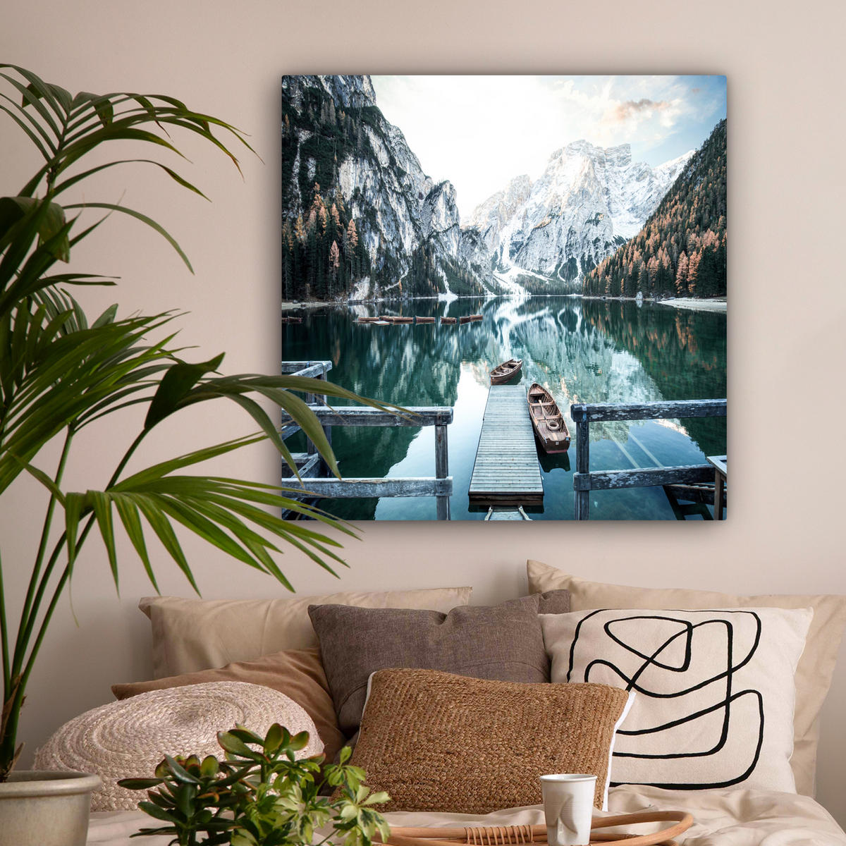 LEINWANDBILD Natur - Berge - Schnee - Wald - Boot 90x90 cm - Hellgrün, Textil (90/90cm) - MuchoWow