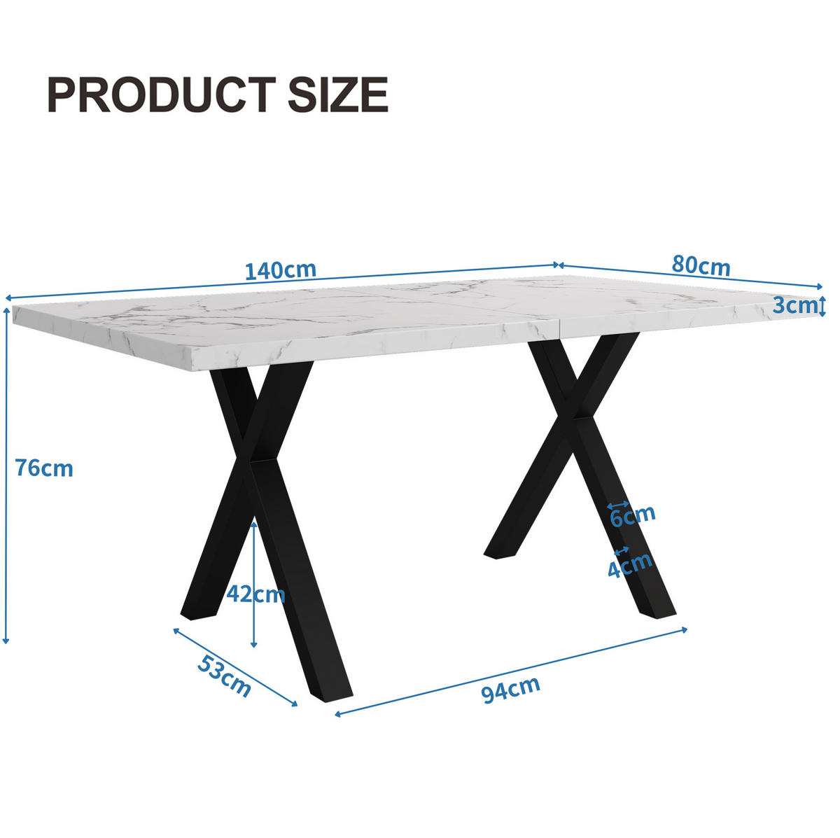 ESSTISCH mit Metallgestell 140/80/76 cm in Weiß Marmoroptik - Weiß, Holzwerkstoff (140/80/76cm) - BEAOK