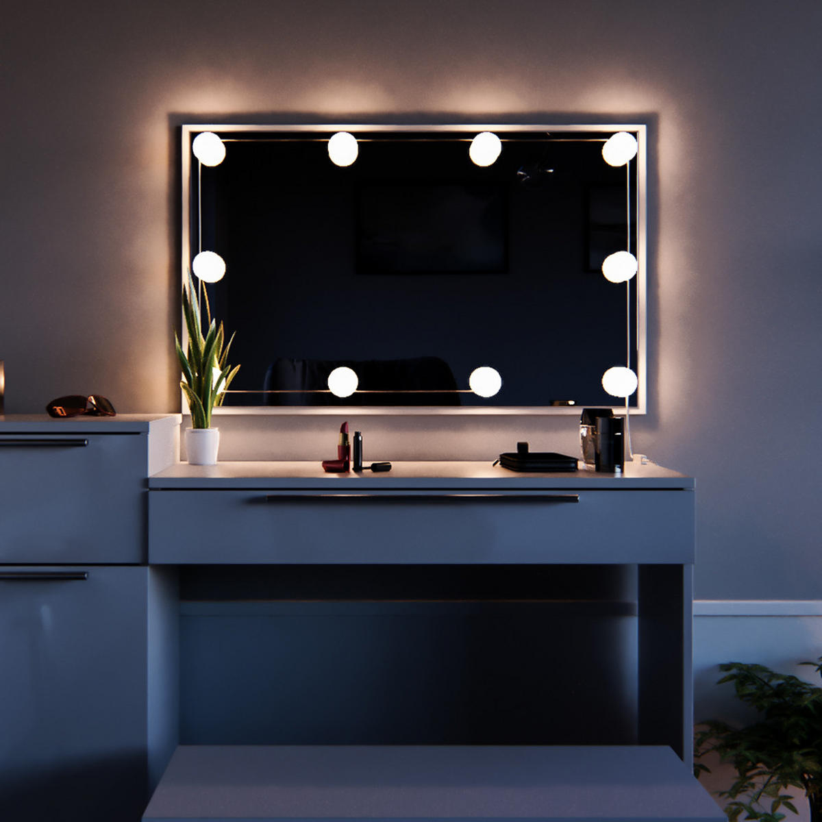 SCHMINKTISCH Lilli Weiß 135 cm mit LED Beleuchtung und Bank - Weiß, Holzwerkstoff (135/90/39cm) - Vicco