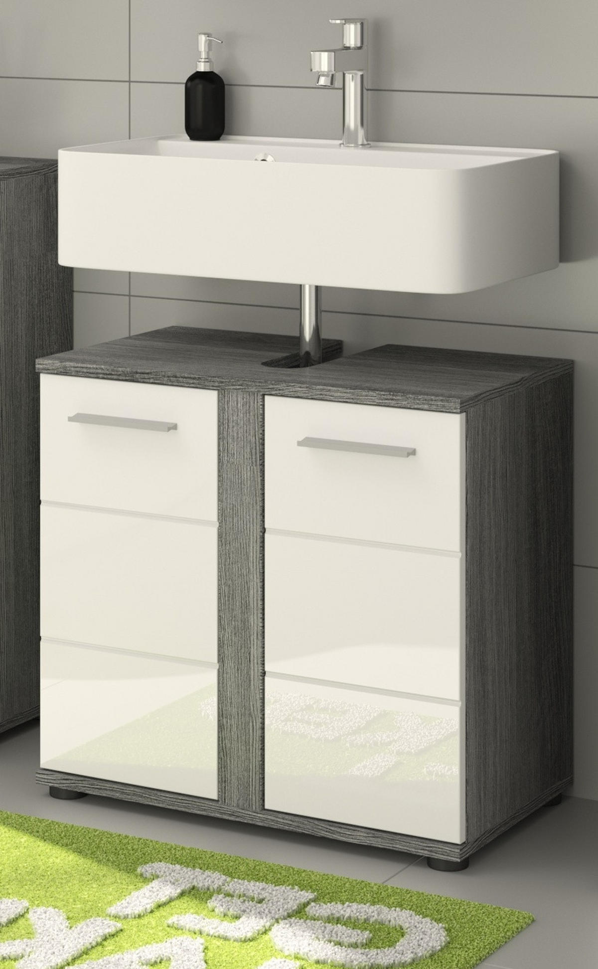 WASCHBECKENUNTERSCHRANK weiß Hochglanz, grau 60 cm, Badezimmer Unterschrank 2-türig - Weiß Hochglanz/Silberfarben, Holzwerkstoff/Kunststoff (60/57/34cm) - Inn.Furn