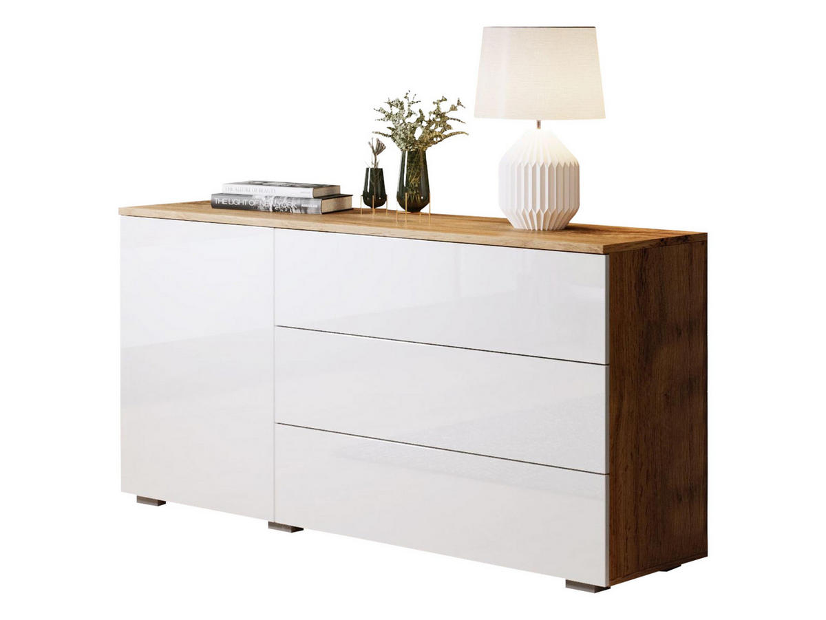 KOMMODE Paris 110 - Weiß Hochglanz/Eiche Wotan, Holzwerkstoff (111/68/39cm) - MIRJAN24