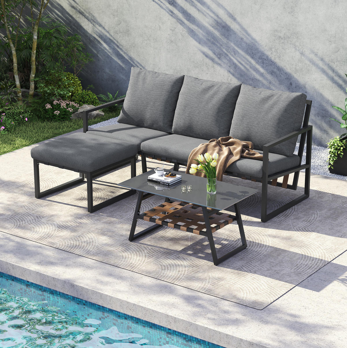 LOUNGE-SET mit Couchtisch und Fußhocker, flexible Kombination und Glasplatte, Grau - Grau, Textil - Redom