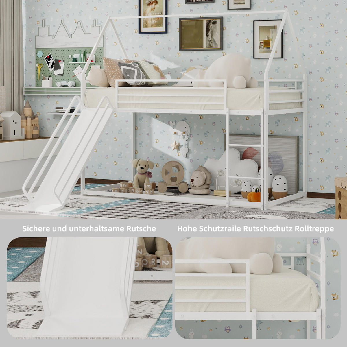 ETAGENBETT in Weiß mit Rutsche und Leiter Metall Haus-Design - Weiß, Holzwerkstoff (90/190cm) - STILVORA