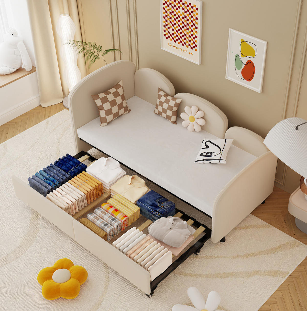 POLSTERBETT 90/200 cm Beige aus Samt und Eisen mit Schublade - Beige, Textil (90/200cm) - OKMYHOME