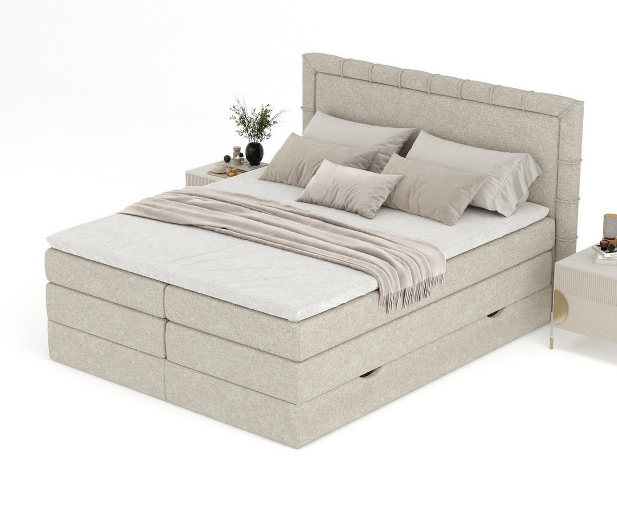 BOXSPRINGBETT Rosabel Beige Grau 140/200 cm mit Matratze und Topper - Beige/Schwarz, Holz/Holzwerkstoff (140/200cm) - Maison de Reve
