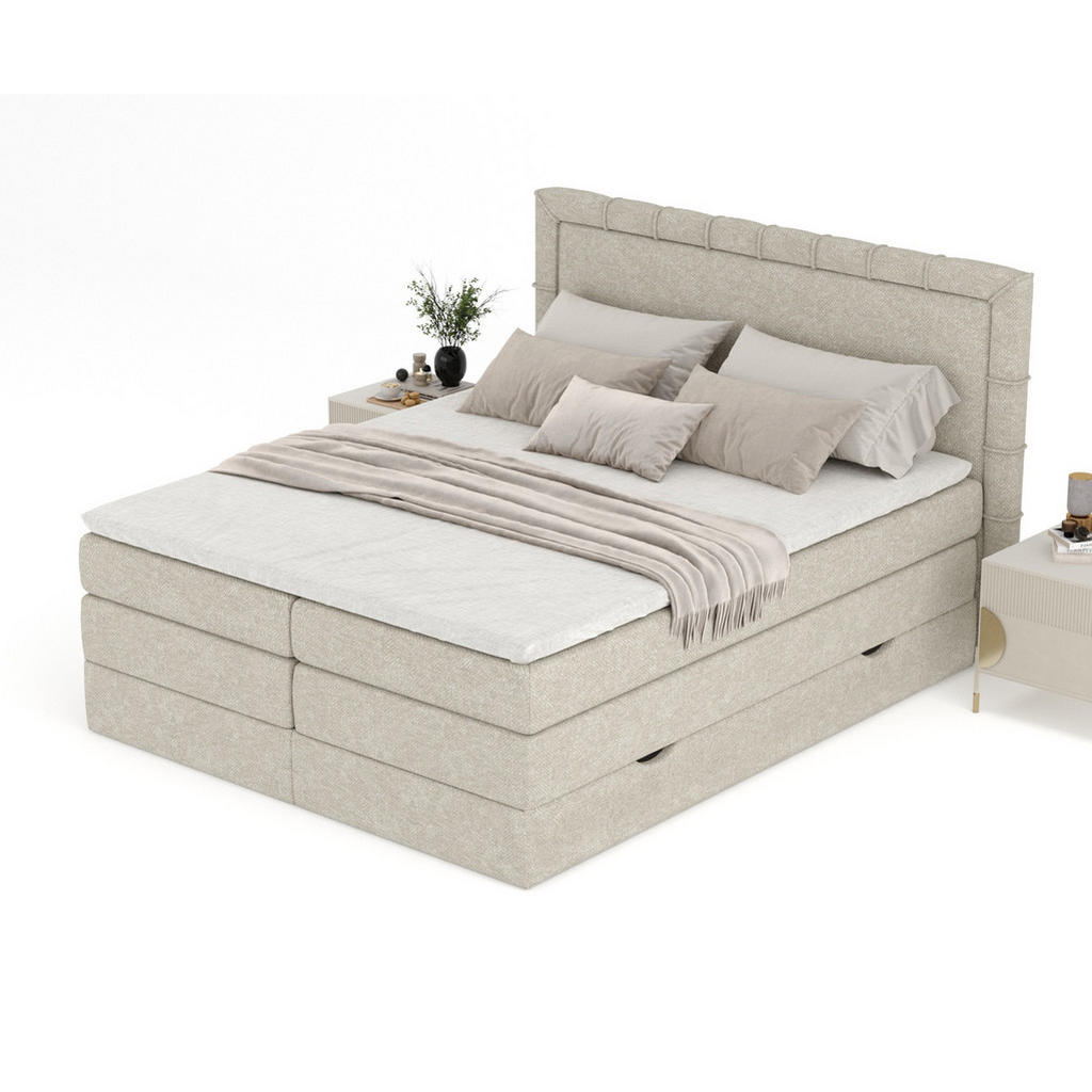 Thumbnail - Maison de Reve Boxspringbett, Beige, Grau, Textil, Buche, Kiefer, H3, Höhe ca. 37 cm, 200x200 cm, Oeko-Tex® Standard 100...
