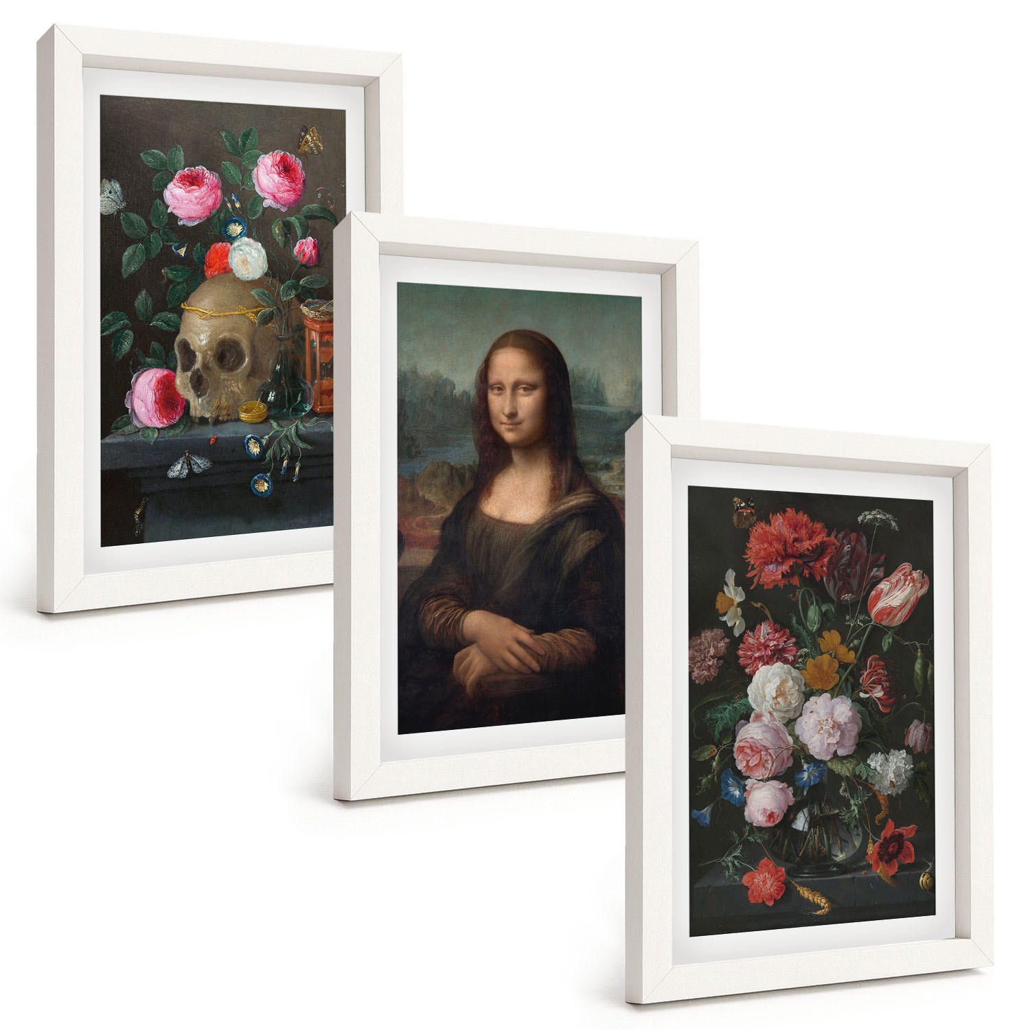 BILDER SET 3er Set - 20x30 cm Weißer Rahmen - Blumenschädel-Porträt Mona Lisa - Weiß, Kunststoff (20/30cm) - TULUP