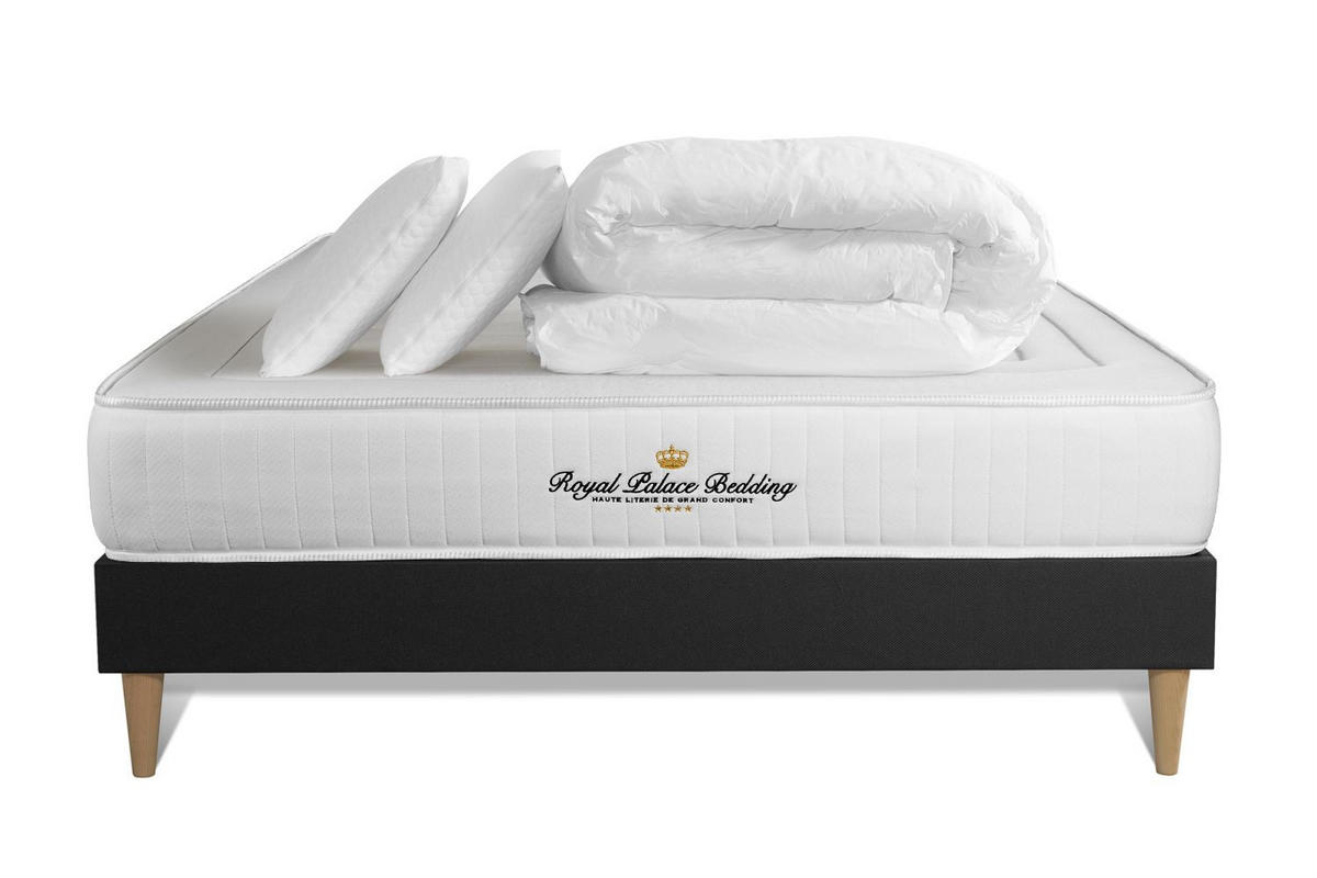 BETT Nottingham Memory-Schaum 140 x 200 cm h3 - Kit Bettgestell Schwarz - Mit Kissen und Bettdecke - Beige/Schwarz, Holz/Textil (140/200cm) - ROYAL PALACE BEDDING