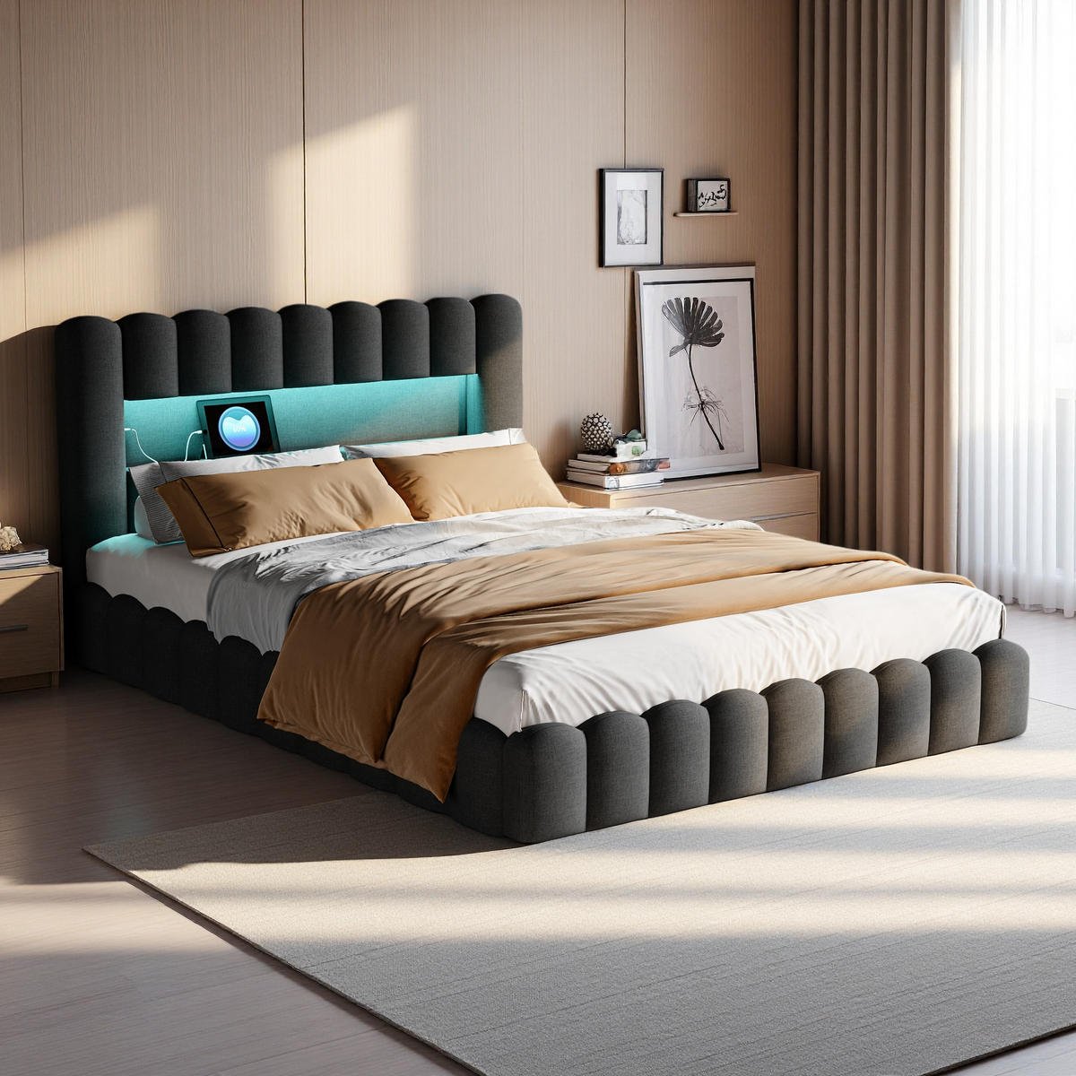 POLSTERBETT 140x200 cm LED Hydraulik Stauraum Lattenrost Leinen grau - Grau, Holz (140/200cm) - LEBENLANG