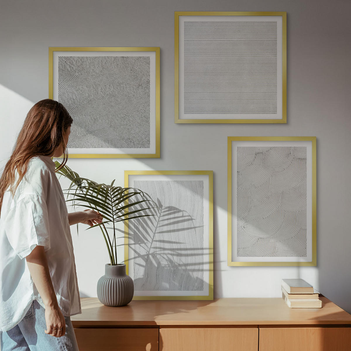 WANDBILDER 4er Set - 50x50 cm & 40x60 cm Goldrahmen - Sandmuster geometrische Strukturen - Goldfarben, Kunststoff (50/50cm) - ArtPrintCave