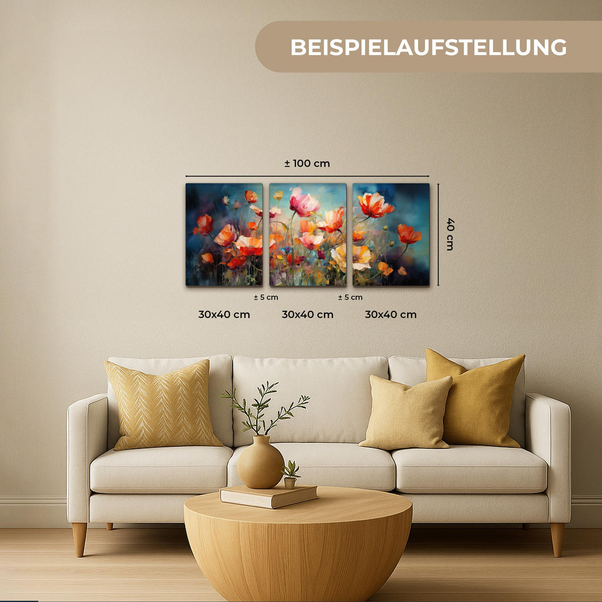LEINWANDBILD 3er Set Blumen - Bunt - Abstrakt 90x40 cm - Blaugrau, Textil (90/40cm) - MuchoWow