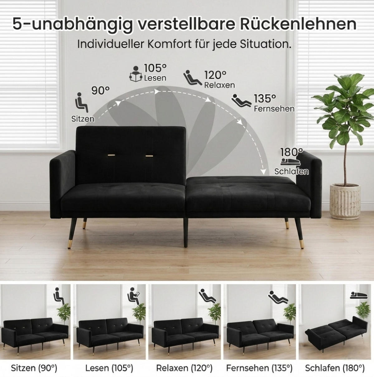 SCHLAFSOFA aus Samt mit 5-fach verstellbaren Rückenlehnen Schwarz - Schwarz, Textil (89/70/164cm) - Modenvie