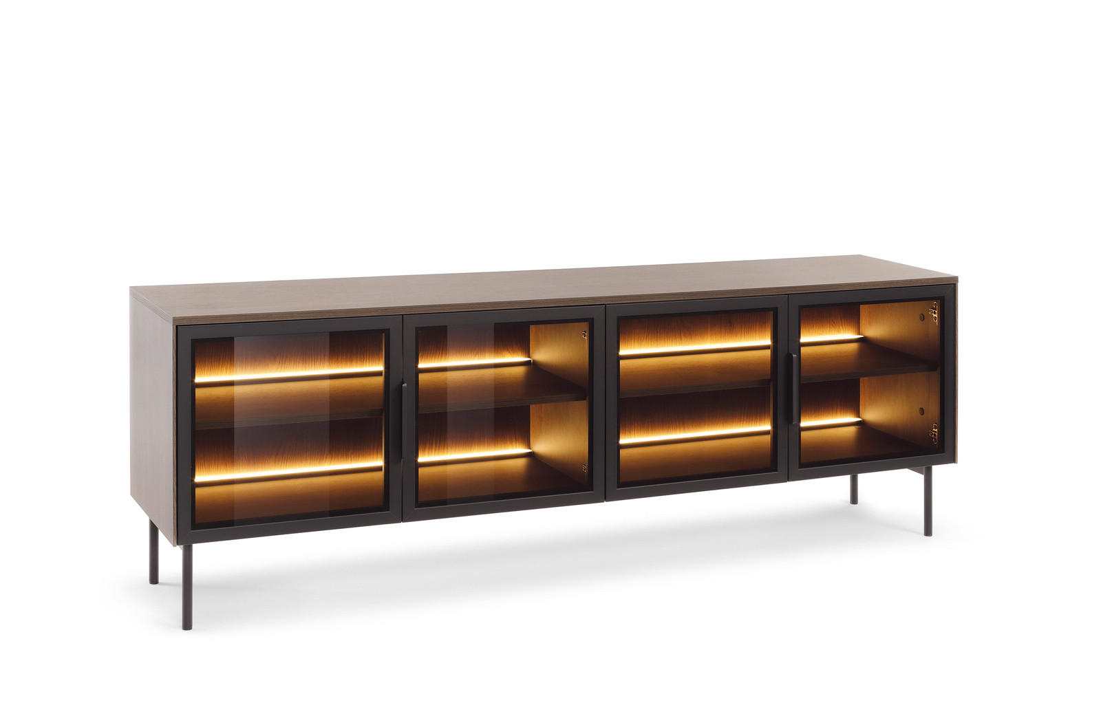 TV-LOWBOARD LUMI 181 cm Eiche Dunin - mit 4 Glastüren (Braunglas) und LED - Eichefarben/Schwarz, Holz/Holzwerkstoff (181/62/39cm) - Ravio
