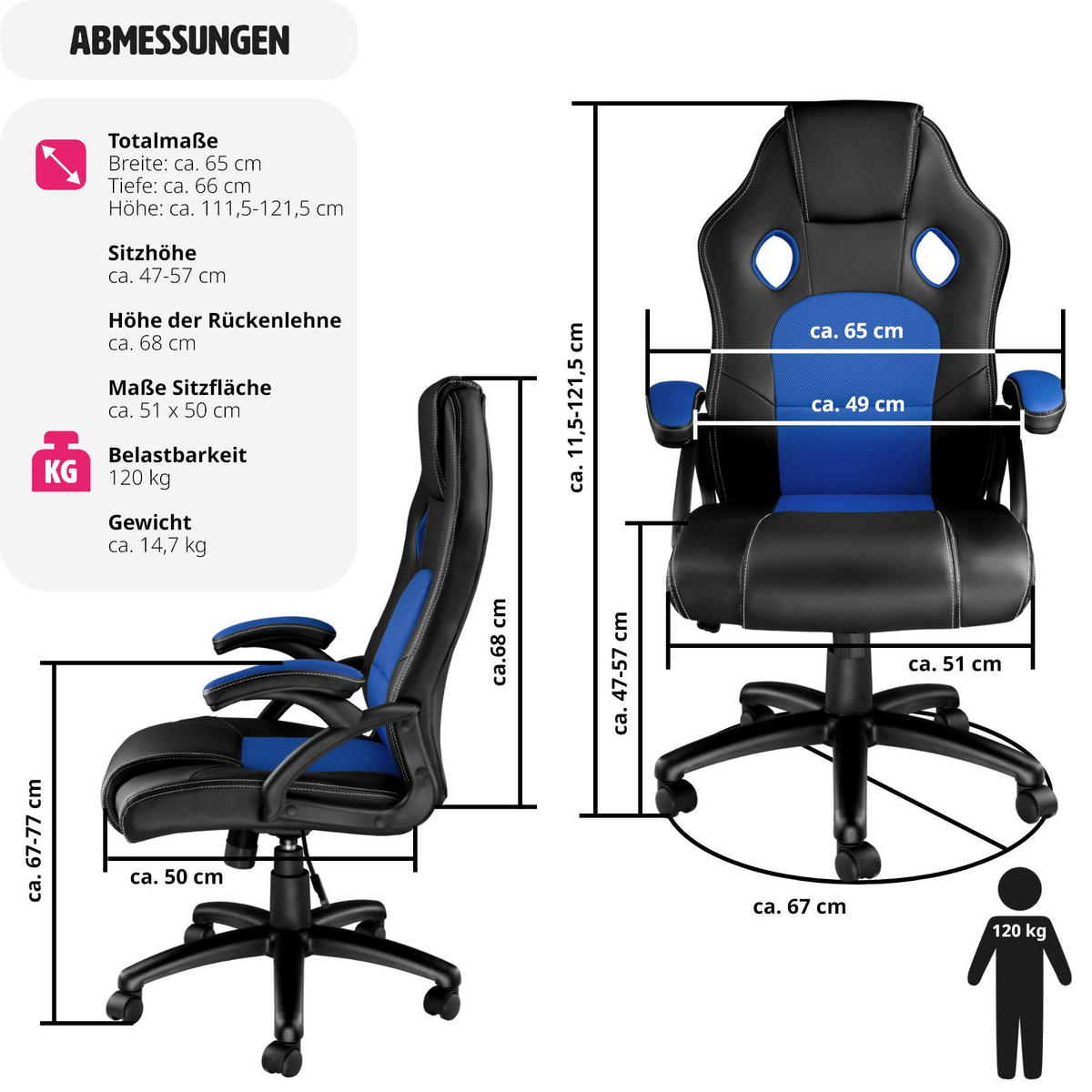 BÜROSTUHL Tyson,Belastbarkeit 120 kg,schwarz/blau - Blau/Schwarz, Textil (65/121.5/66cm) - tectake