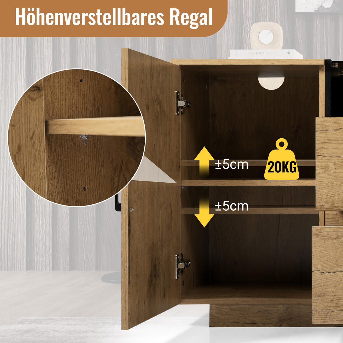 SIDEBOARD in Eichenoptik mit Glasfront mit 2 Schubladen, 2 Türen & offenem Fach - Eichefarben, Holzwerkstoff (140/70/40cm) - Urban Meuble
