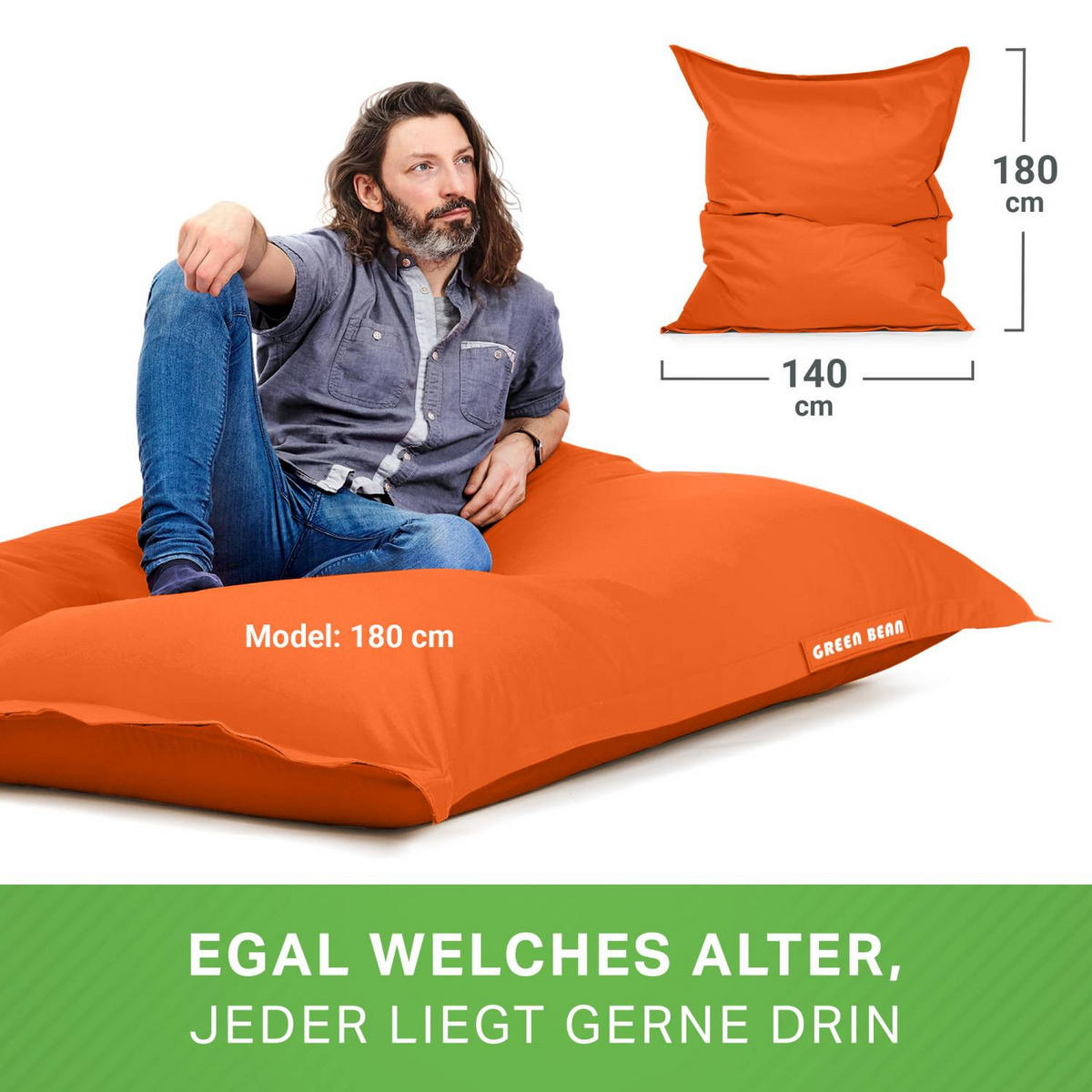 SITZSACK XXL "Square" 140x180cm - 380 L - Orange, Textil (140/25/180cm) - Green Bean