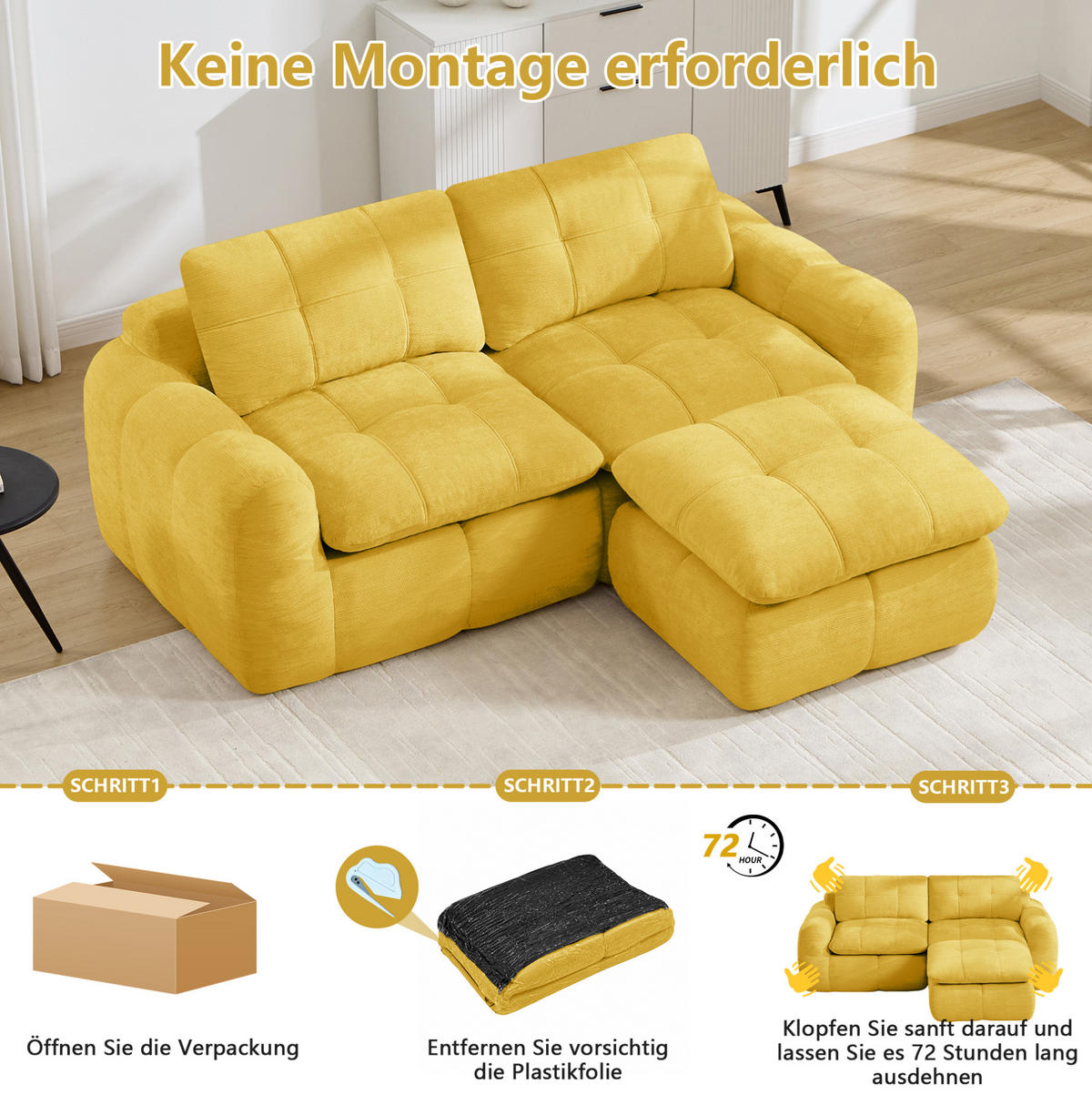 SOFA 194/160/68 cm in Gelb aus Chenille mit Hocker, rahmenlos und montagefrei - Gelb, Textil (160/68/194cm) - Flora Grace
