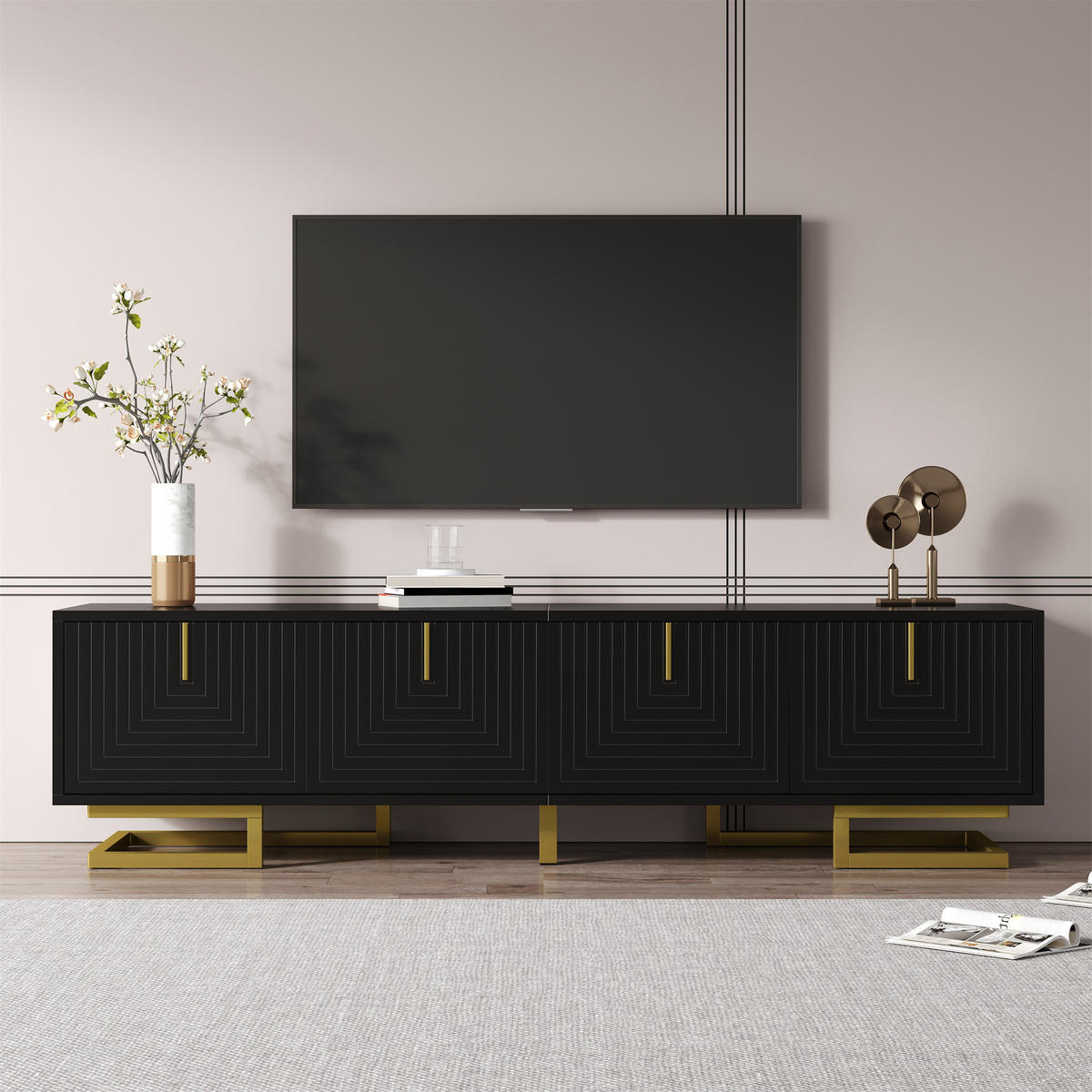 TV-ELEMENT160X38X44,5CM SchwarzStrukturiertes Lowboard mit Goldenen Beinen - Schwarz, Holz (47.12/25.78/93.35cm) - Raelunyi