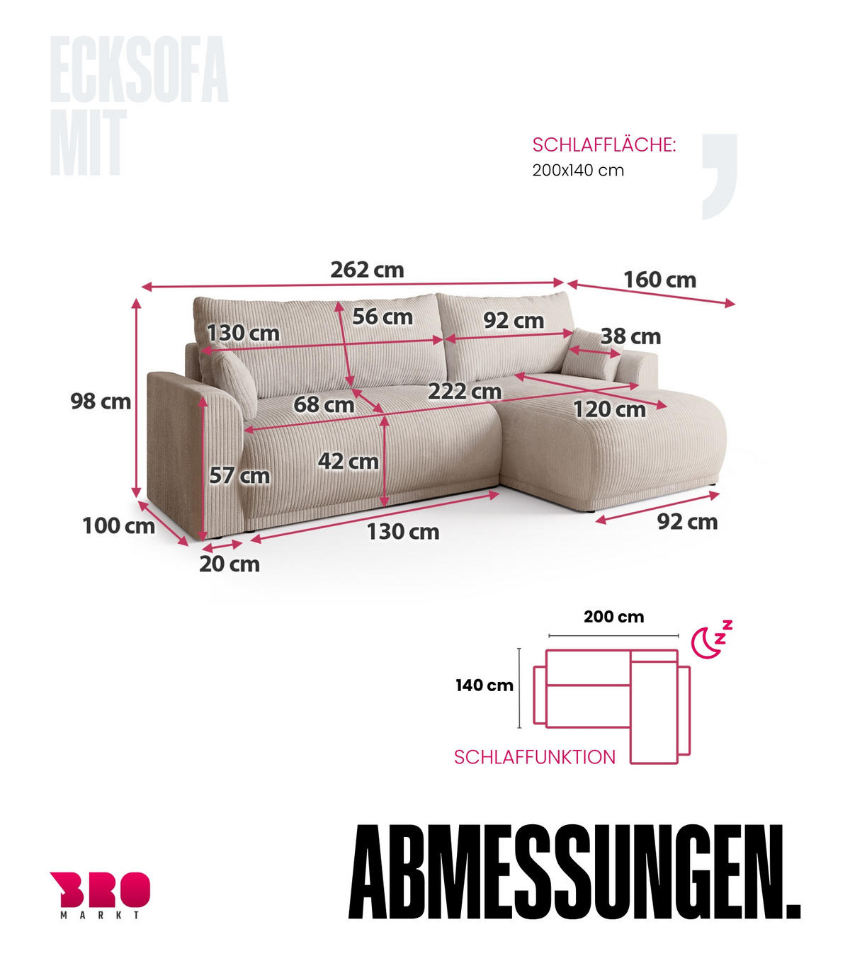 ECKSOFA MORENO mit Schlaffunktion Grün Cord - Dunkelgrün, Textil (262/160cm) - Bromarkt