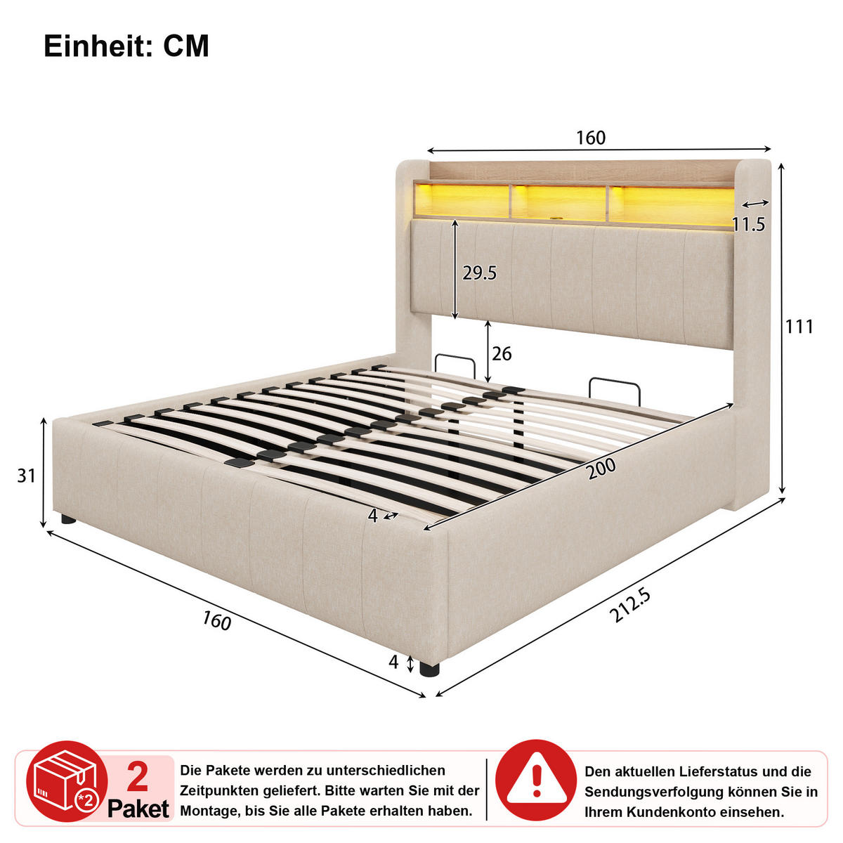 POLSTERBETT 160/200 cm in Beige Leinen mit Bettkasten, LED, USB und Type-C - Beige, Holzwerkstoff/Textil (160/200cm) - WISHDOR