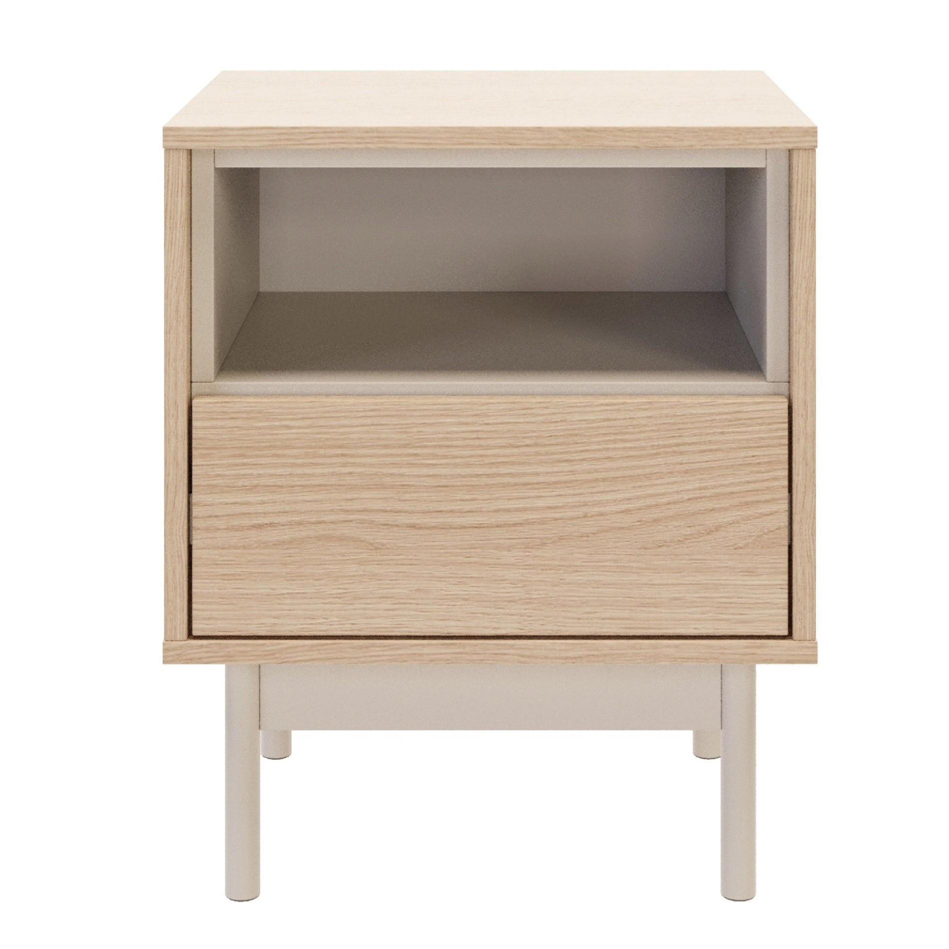 NOČNÝ STOLÍK Layen dekor duba / kašmírovo sivá so zásuvkou a otvorenou priehradkou - taupe/béžová, kov/kompozitné drevo (45/55/39cm) - Selsey