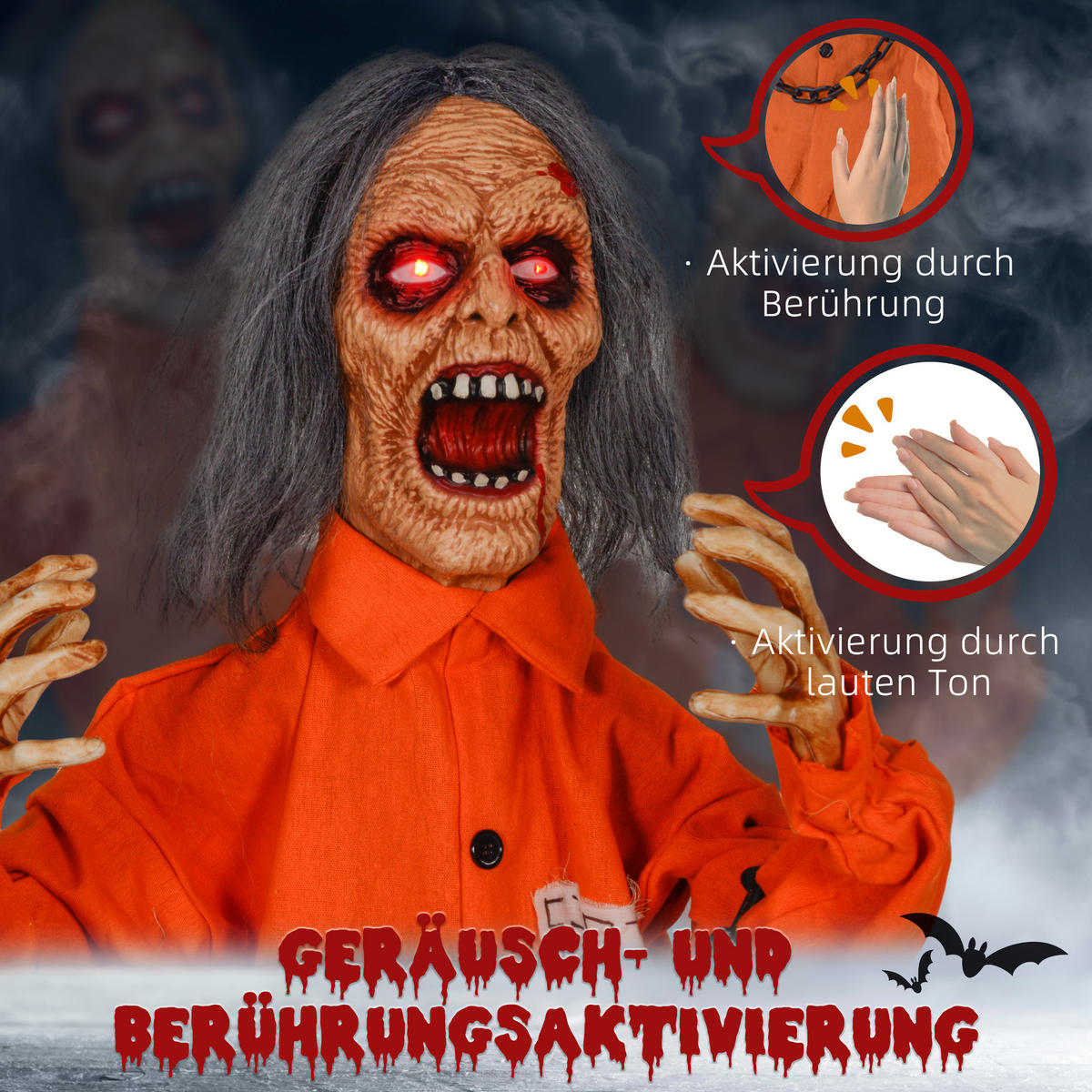 HALLOWEEN DECORATIONS 85cm Dekoration Gefangener , Soundfunktion, Orange - Orange, Kunststoff/Metall (50/85/15cm) - HOMCOM