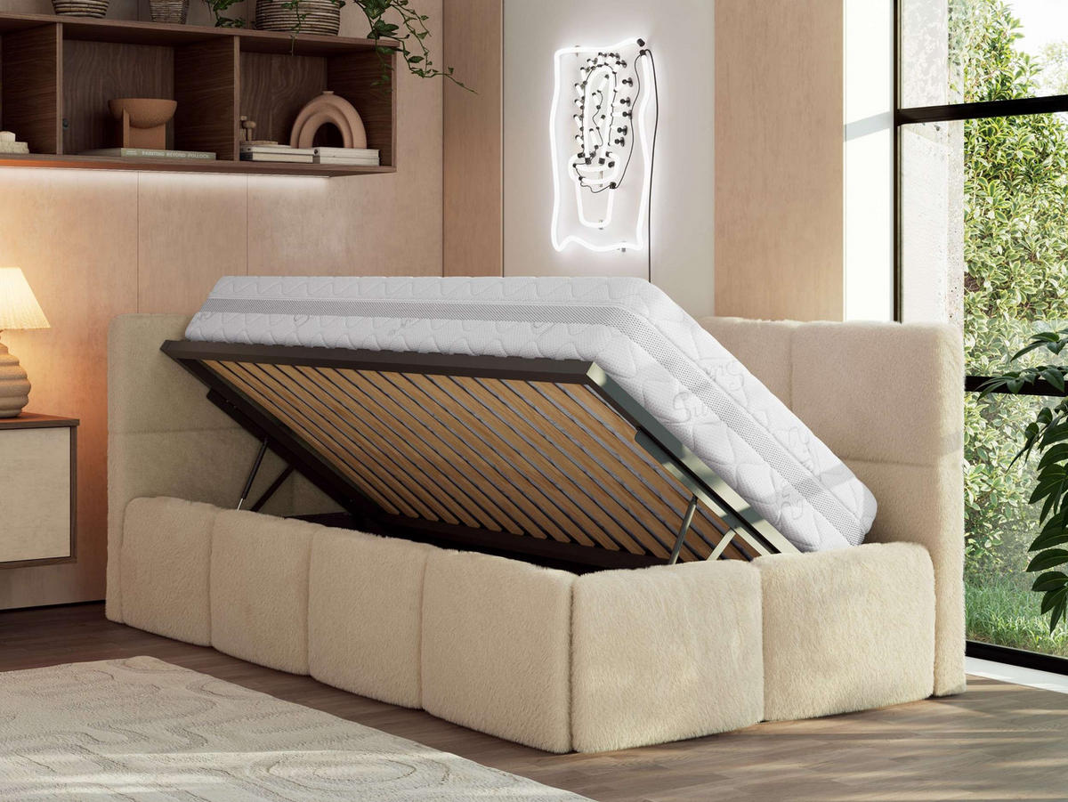 JUGENDBETT ARVO 90/200 - Beige Plüsch - Multipocket-Matratze - Links Seite - Beige, Textil (90/200cm) - MKS