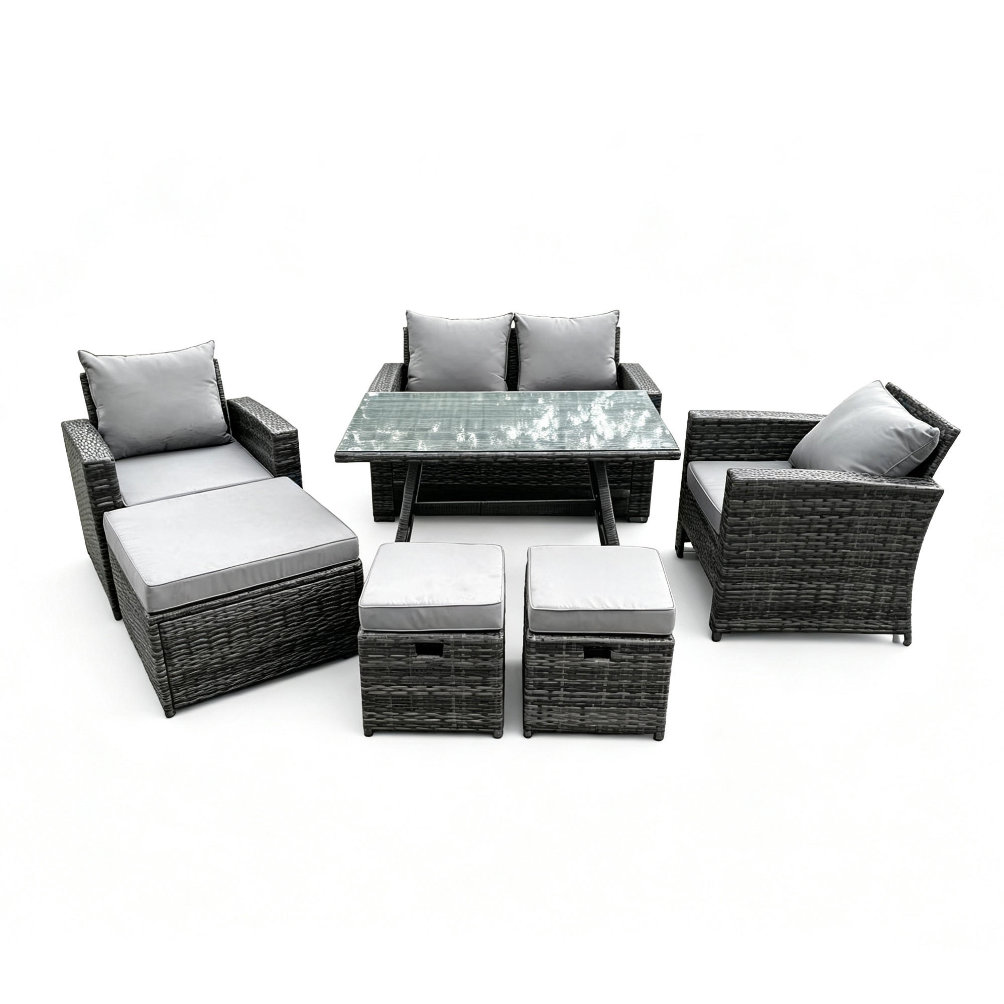 GARTENTISCHGRUPPE Polyrattan 7-Sitzer - Dunkelgrau/Grau, Glas/Kunststoff - Fimous