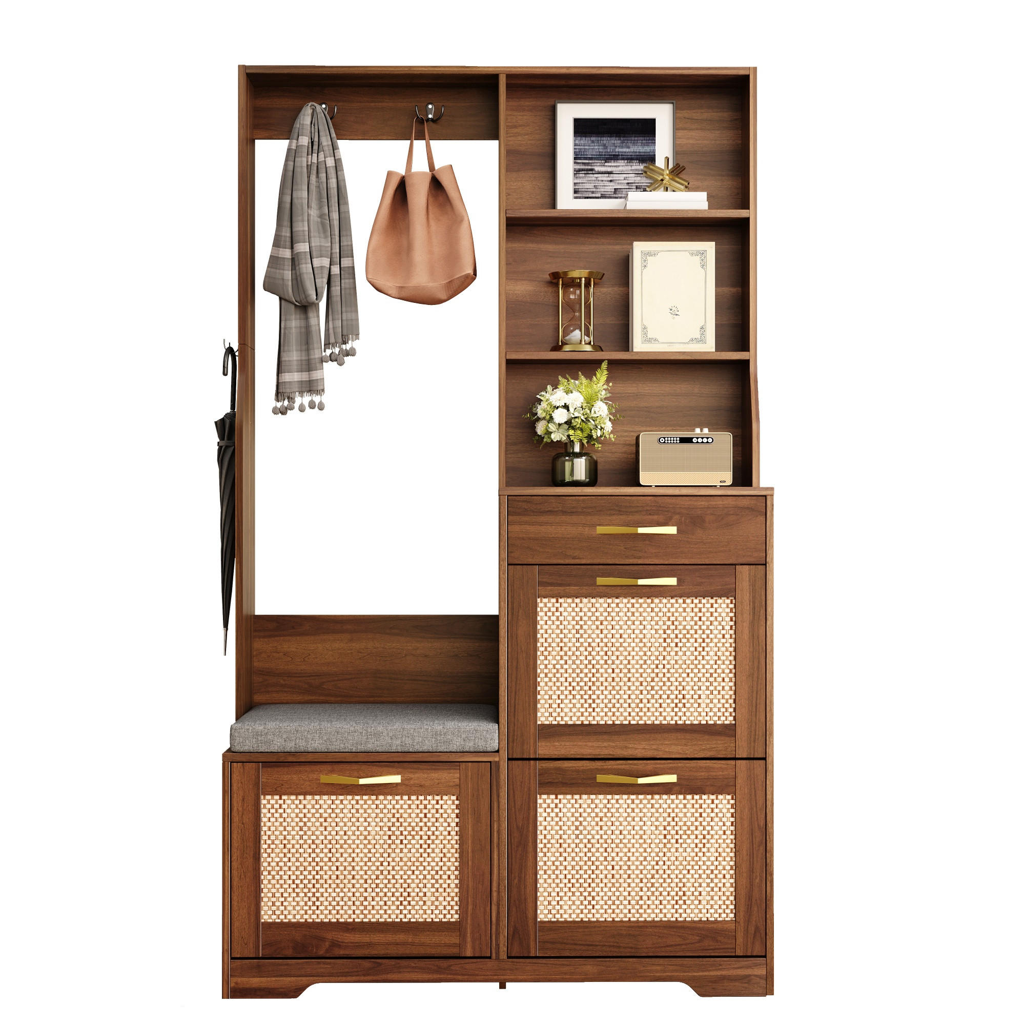 GARDEROBE mit Sitzbank, Rattanfront und Haken - Walnussfarben, Holzwerkstoff (100/170/30cm) - FLIEKS