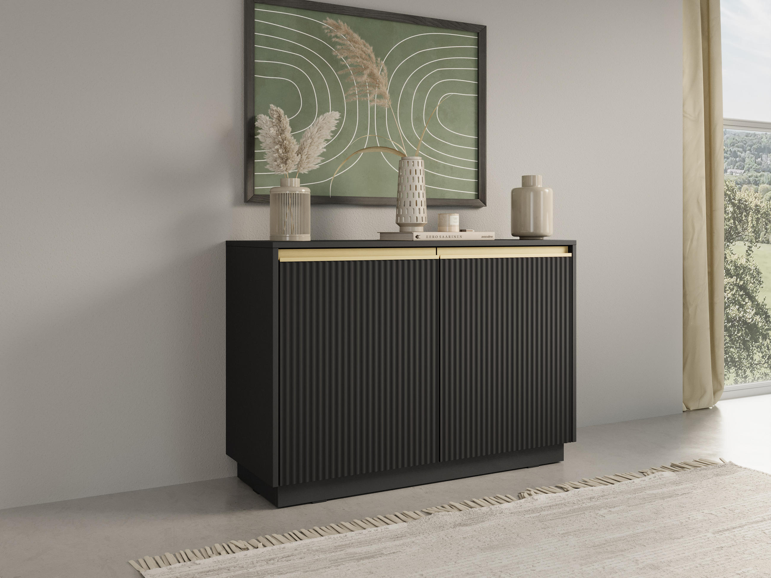 KOMMODE Loren 104 cm mit zwei Türen und geriffelten Fronten in Schwarz - Goldfarben/Schwarz, Holzwerkstoff/Metall (104/72/39cm) - Ravio