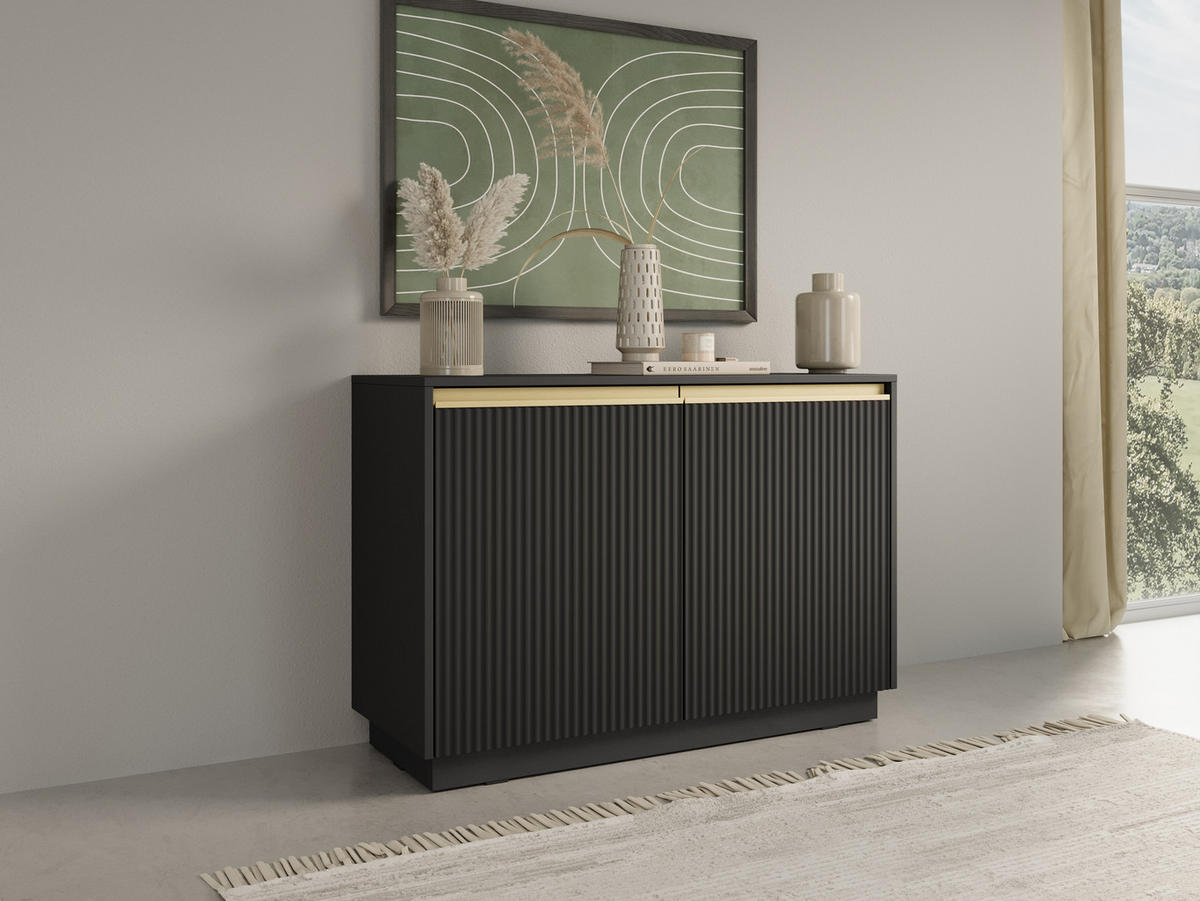 KOMMODE Loren 104 cm mit zwei Türen und geriffelten Fronten in Schwarz - Goldfarben/Schwarz, Holzwerkstoff/Metall (104/72/39cm) - Ravio