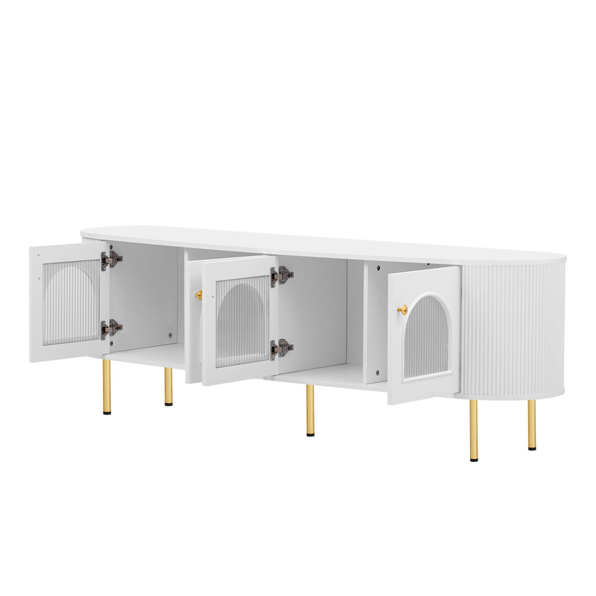 TV Lowboard 4 Glastüren, goldene Griffe, Weiß - Weiß, Holz (170/55/35cm)