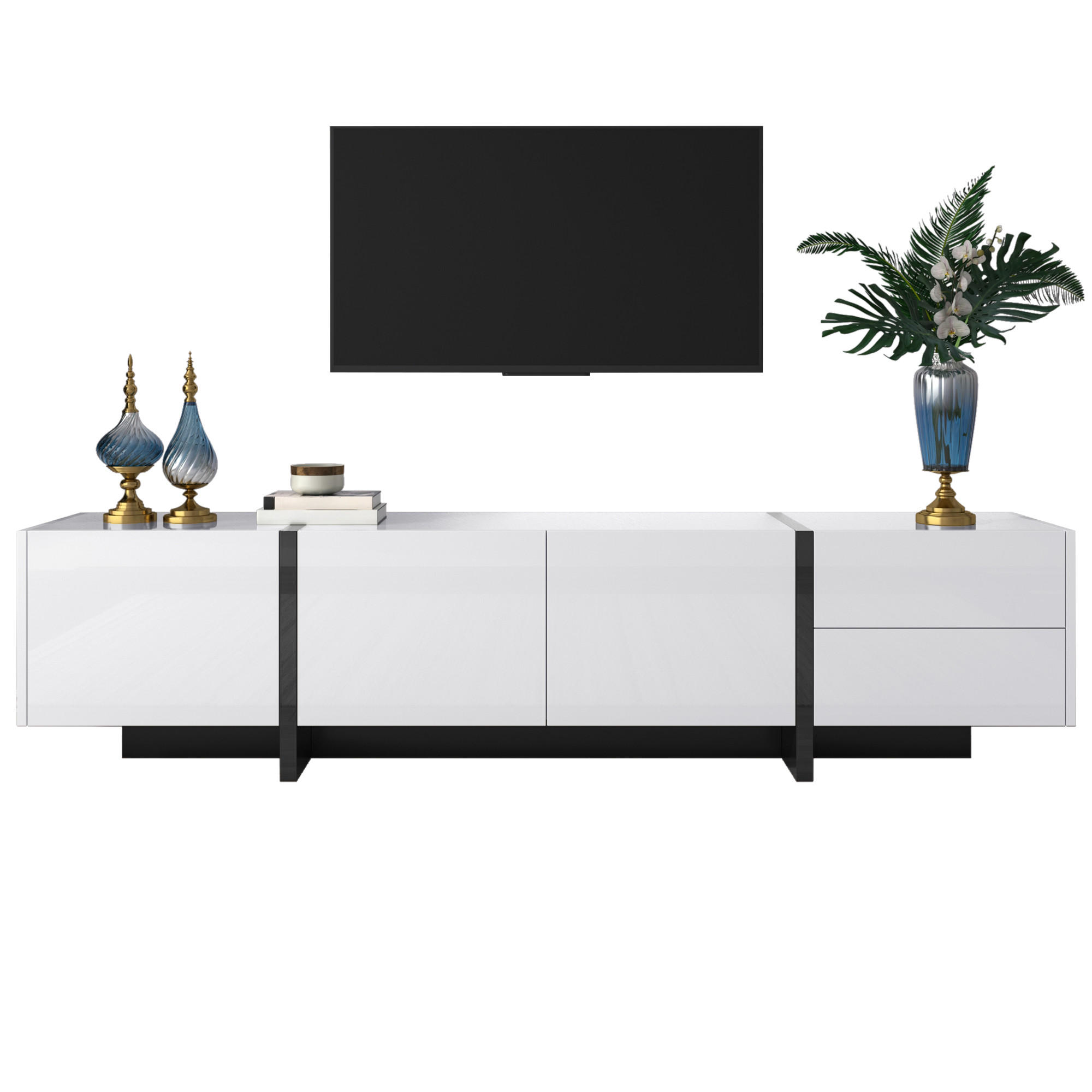 STILVORA TV STOLEK v bílé a černé barvě s dvířky a zásuvkami, 190×35×45 cm